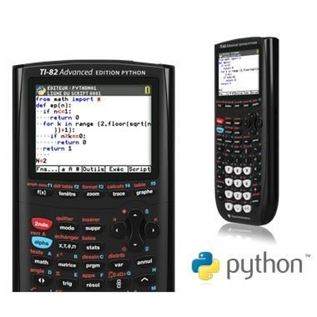 Zwei schwarze TI-82 Taschenrechner mit Python-Code auf dem Bildschirm und ein Python-Logo.