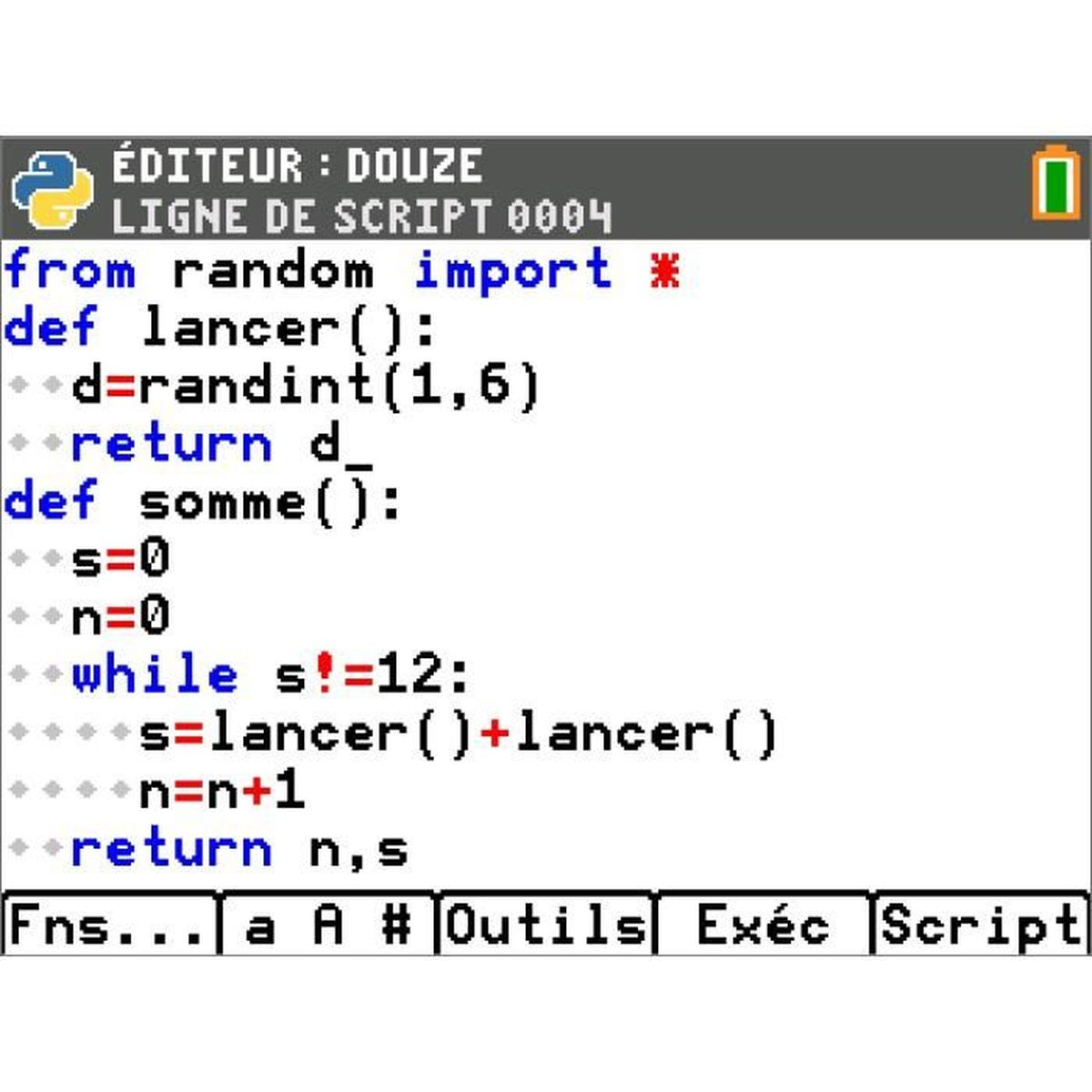 Python-Code auf einem Bildschirm, der eine Funktion zum Würfeln und Summieren definiert.