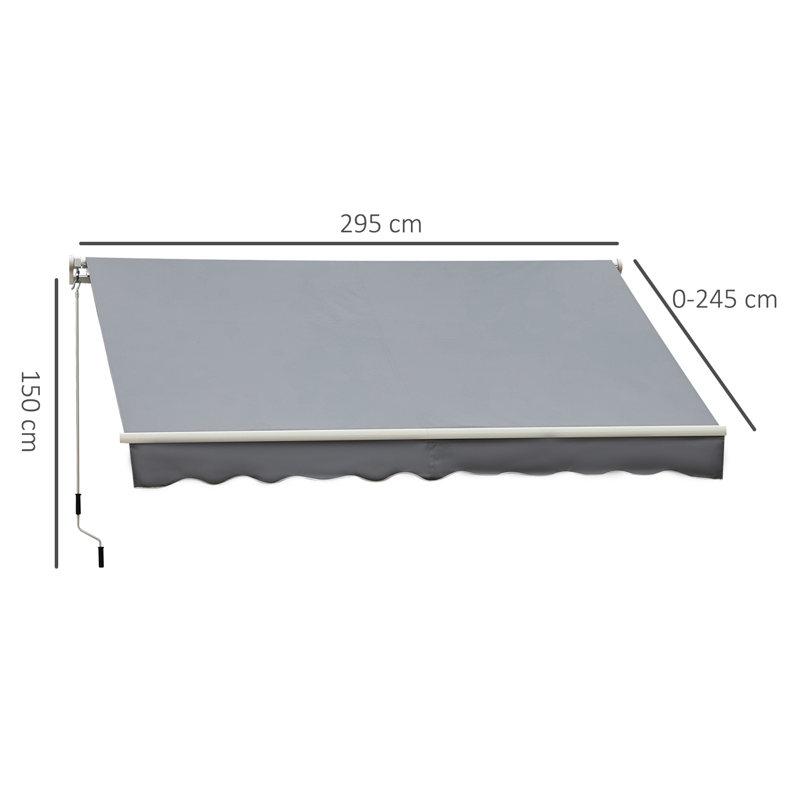 Toldo gris con borde festoneado, 295 cm de ancho, 150 cm de alto.