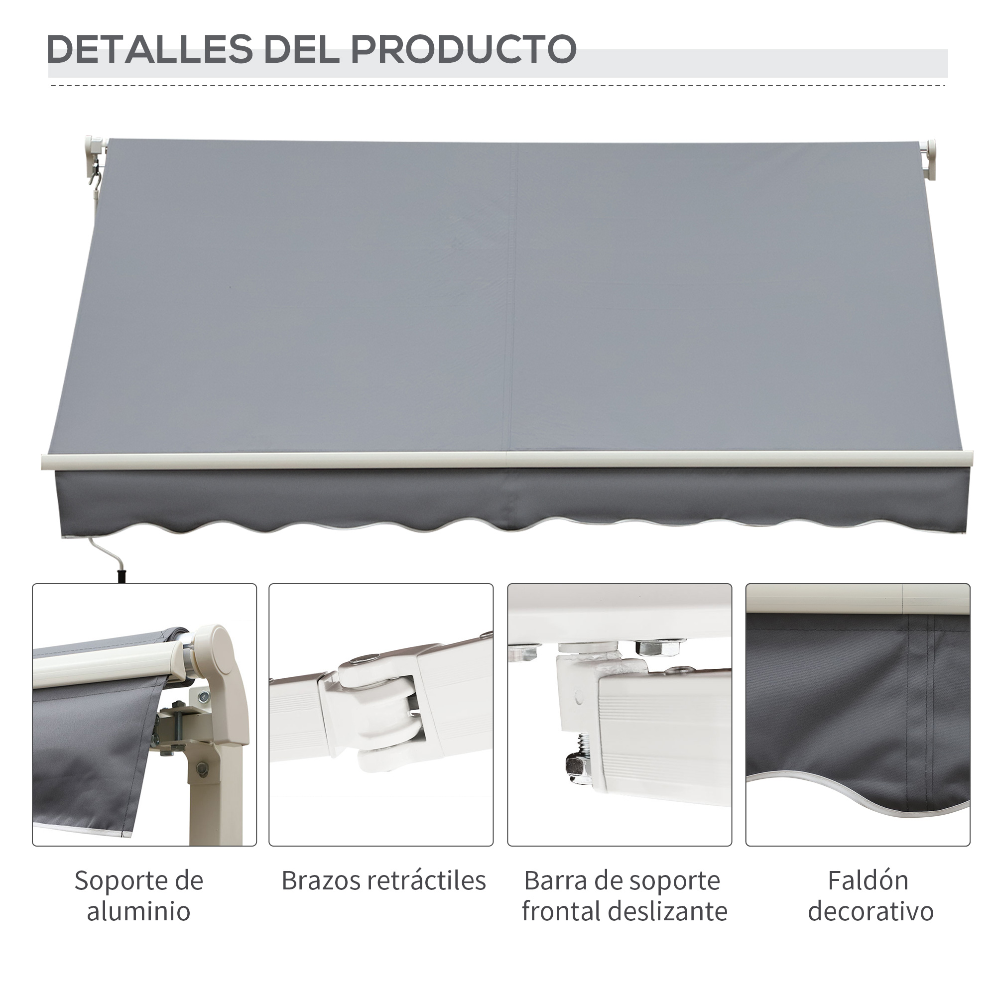 Detalles de toldo gris: soporte aluminio, brazos retráctiles, barra deslizante, faldón.