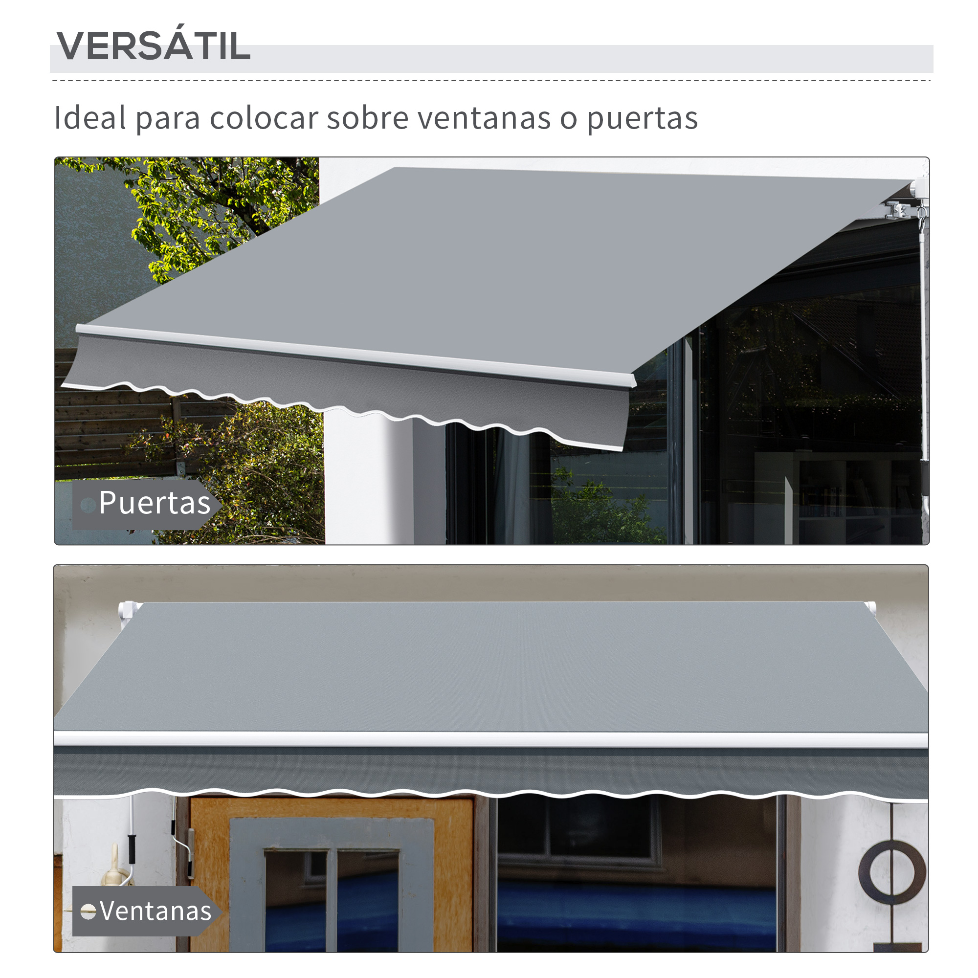 Toldos grises sobre una puerta y una ventana.