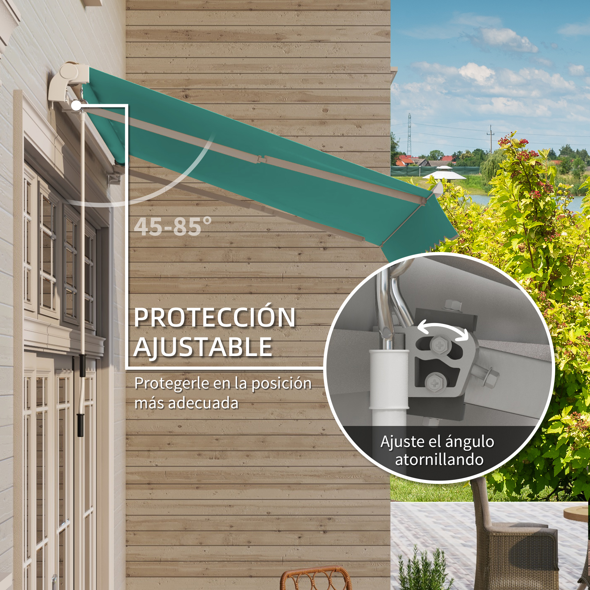 Toldo con ángulo ajustable (45-85°) y montaje en pared.