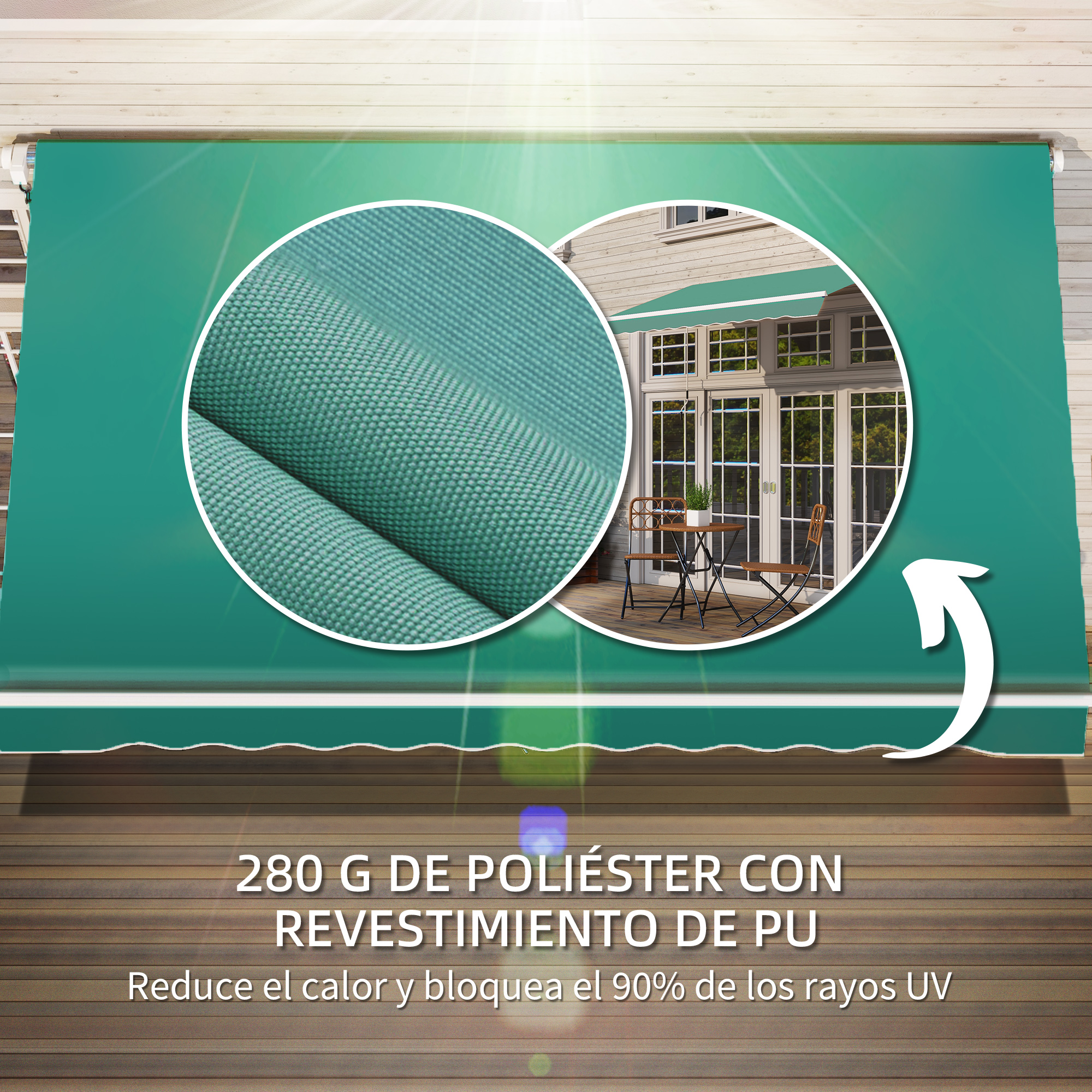 Toldo verde sobre puerta de patio con mesa y sillas. Vista detallada de la tela.