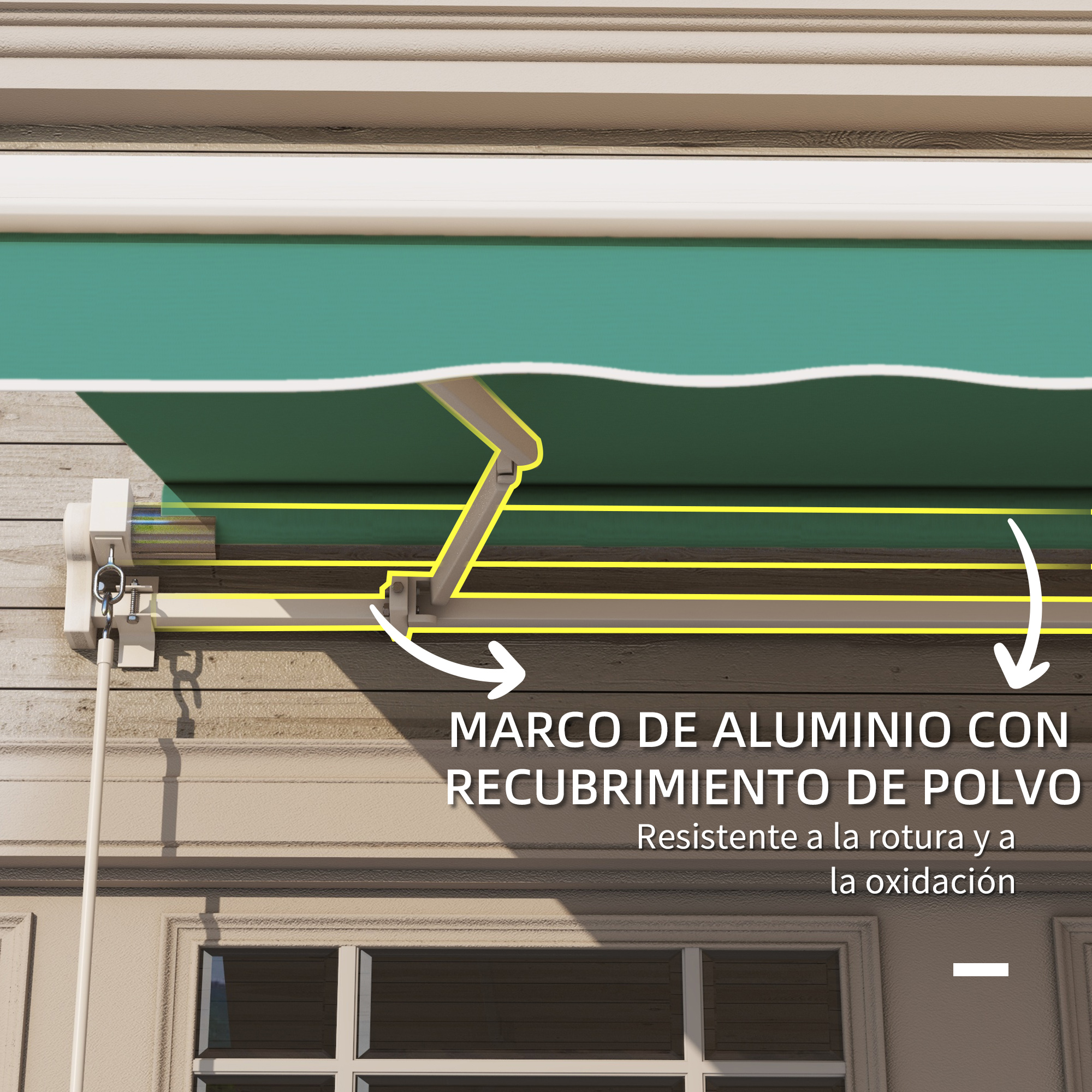 Un toldo verde sobre una ventana con marco de aluminio.
