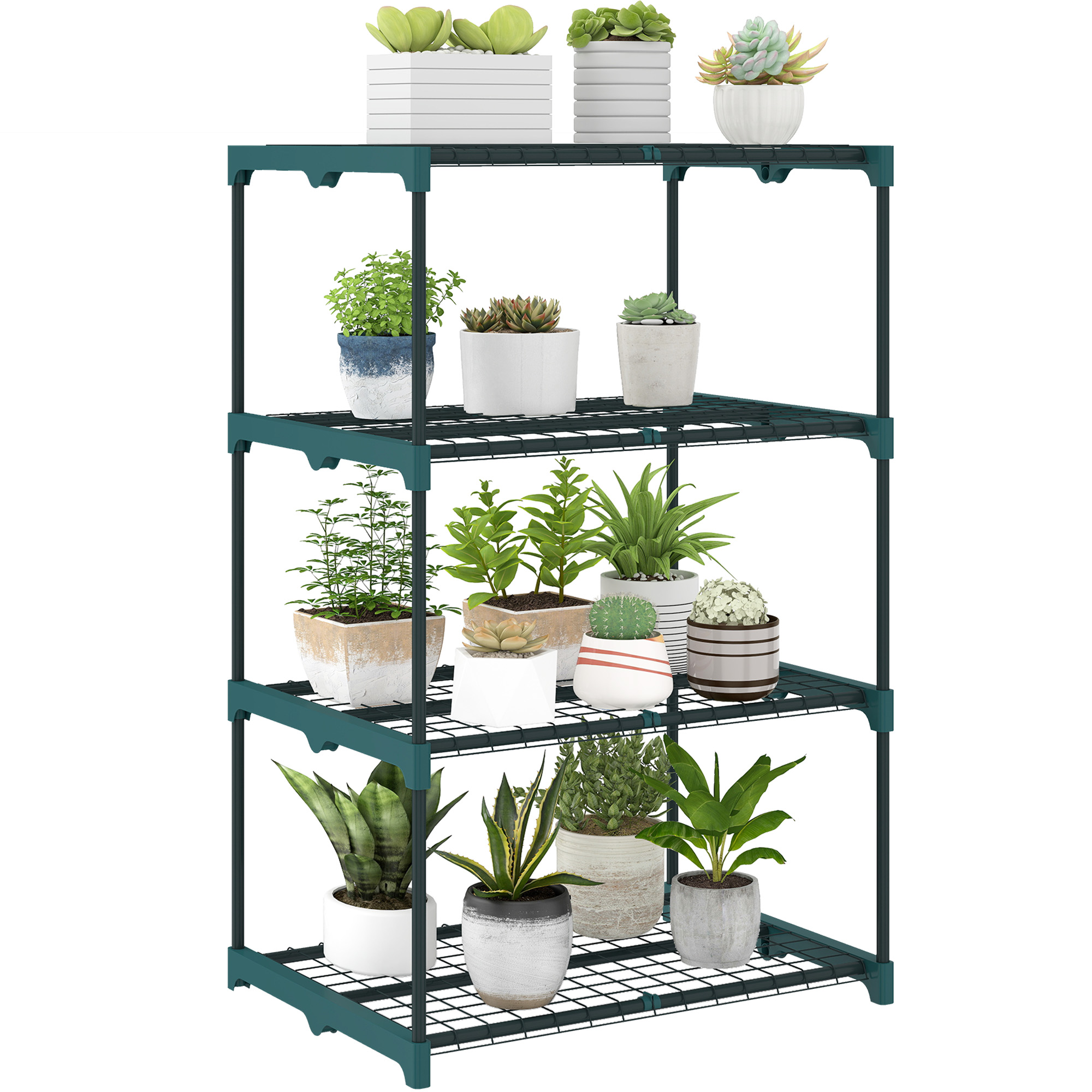 Scaffale verde scuro con varie piante in vaso, tra cui succulente e piante verdi.