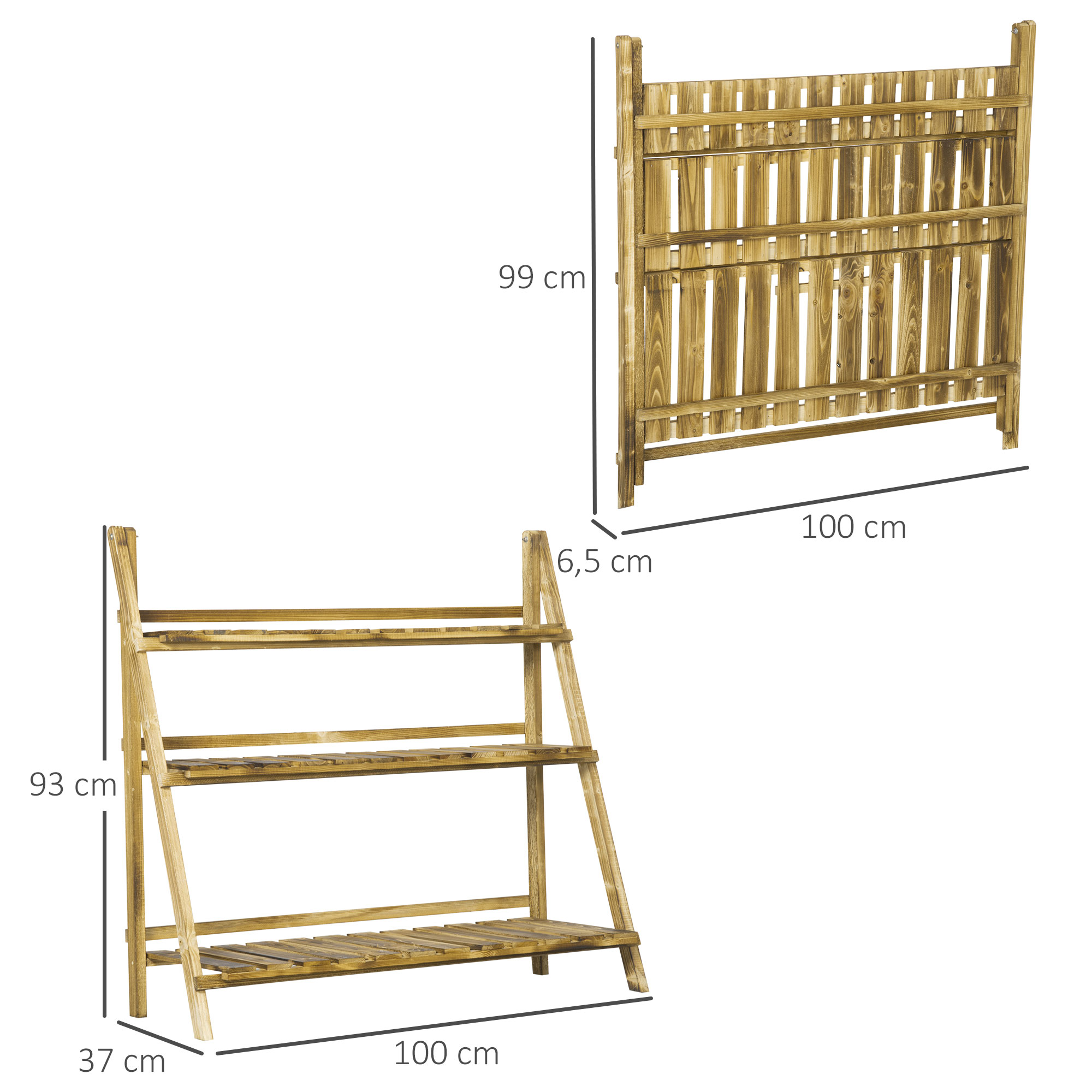 Dos estanterías de madera. Una de 3 niveles, otra tipo valla. Medidas.