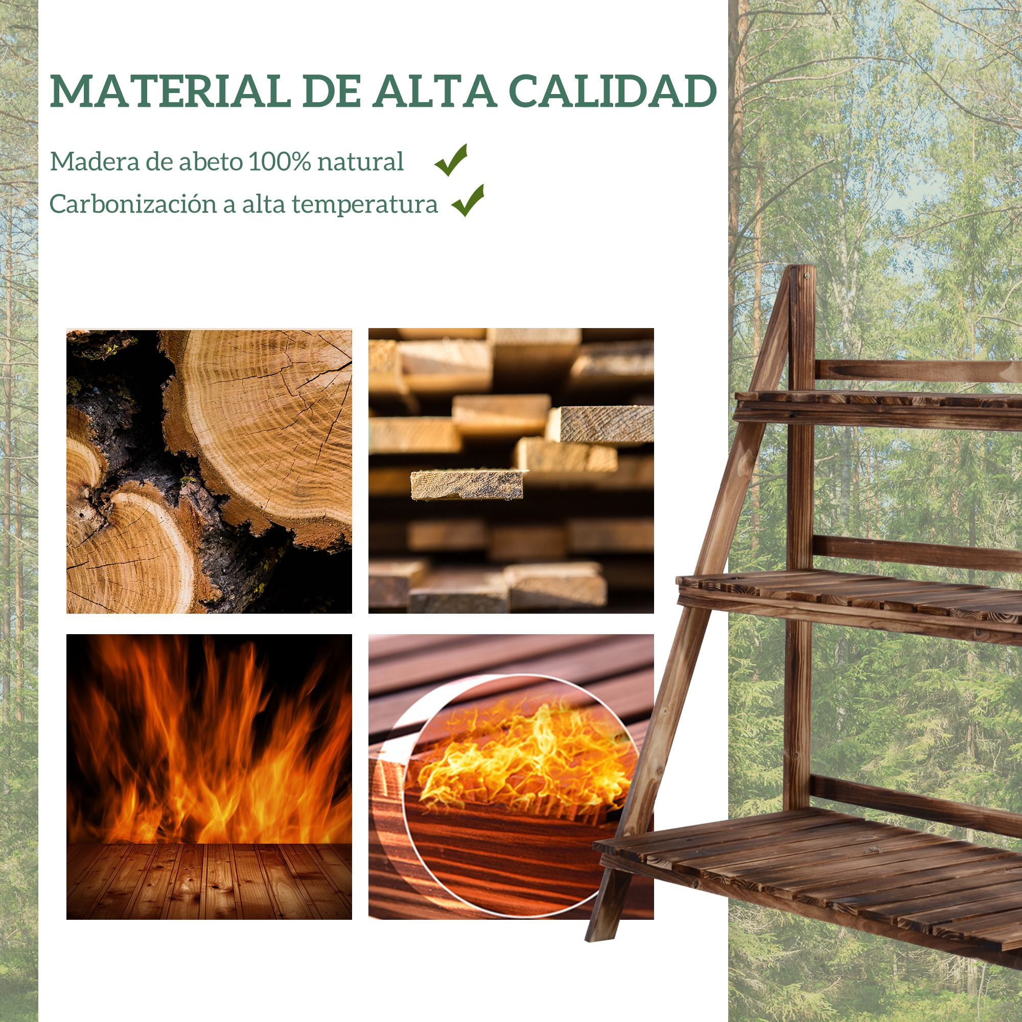 Materiales de madera: troncos, tablones, llamas y estantería de madera.