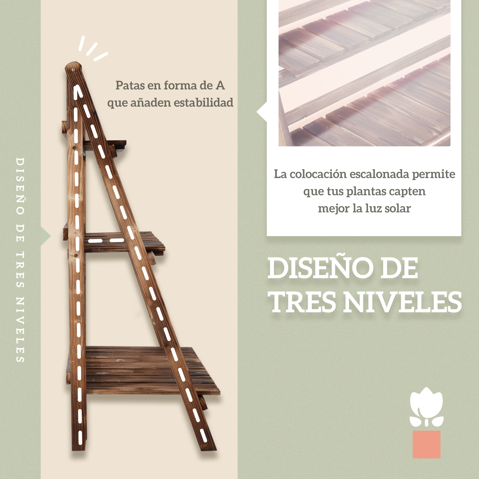 Un soporte de madera de tres niveles con patas en forma de A.