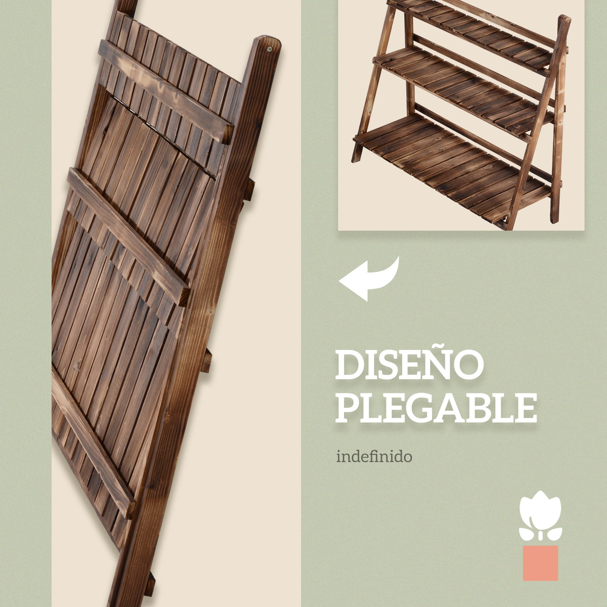 Estantería de madera marrón plegable de tres niveles.