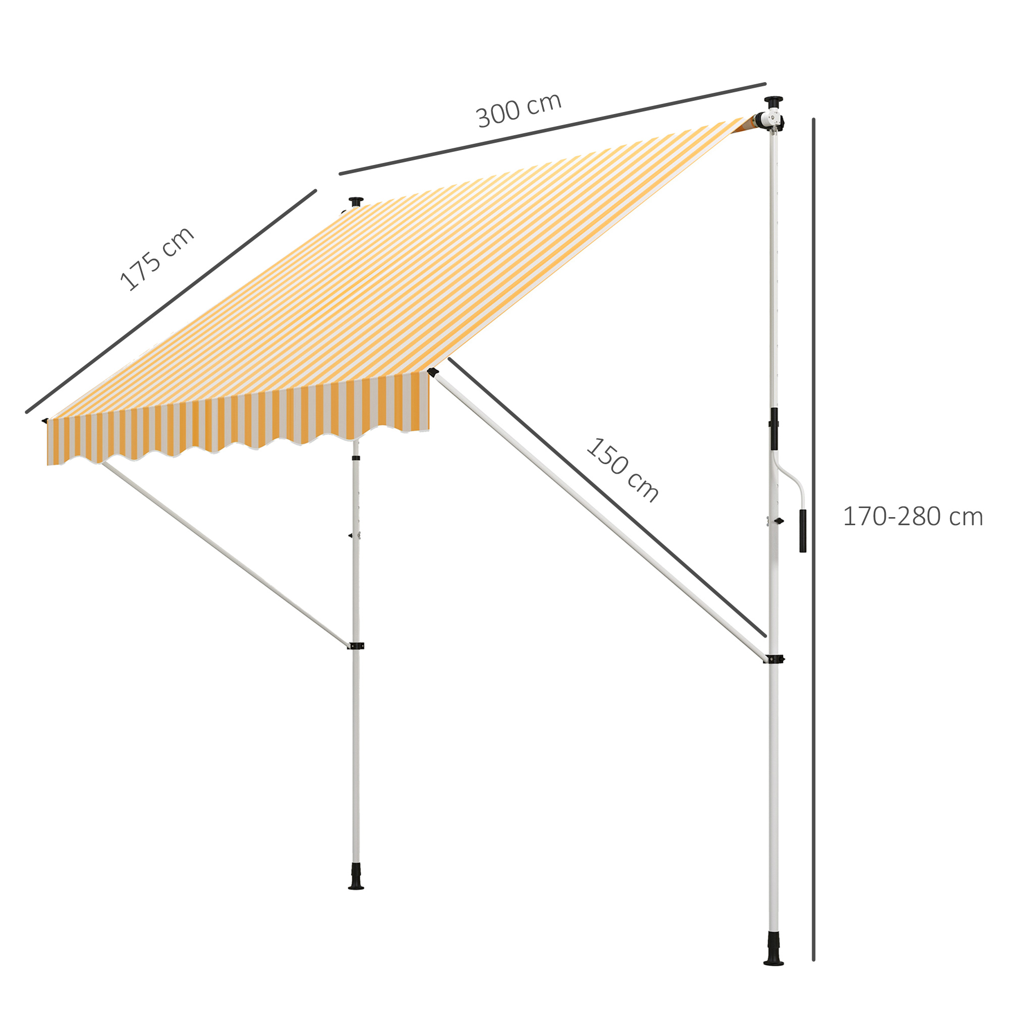 Un toldo retráctil con rayas amarillas y blancas y estructura de metal.