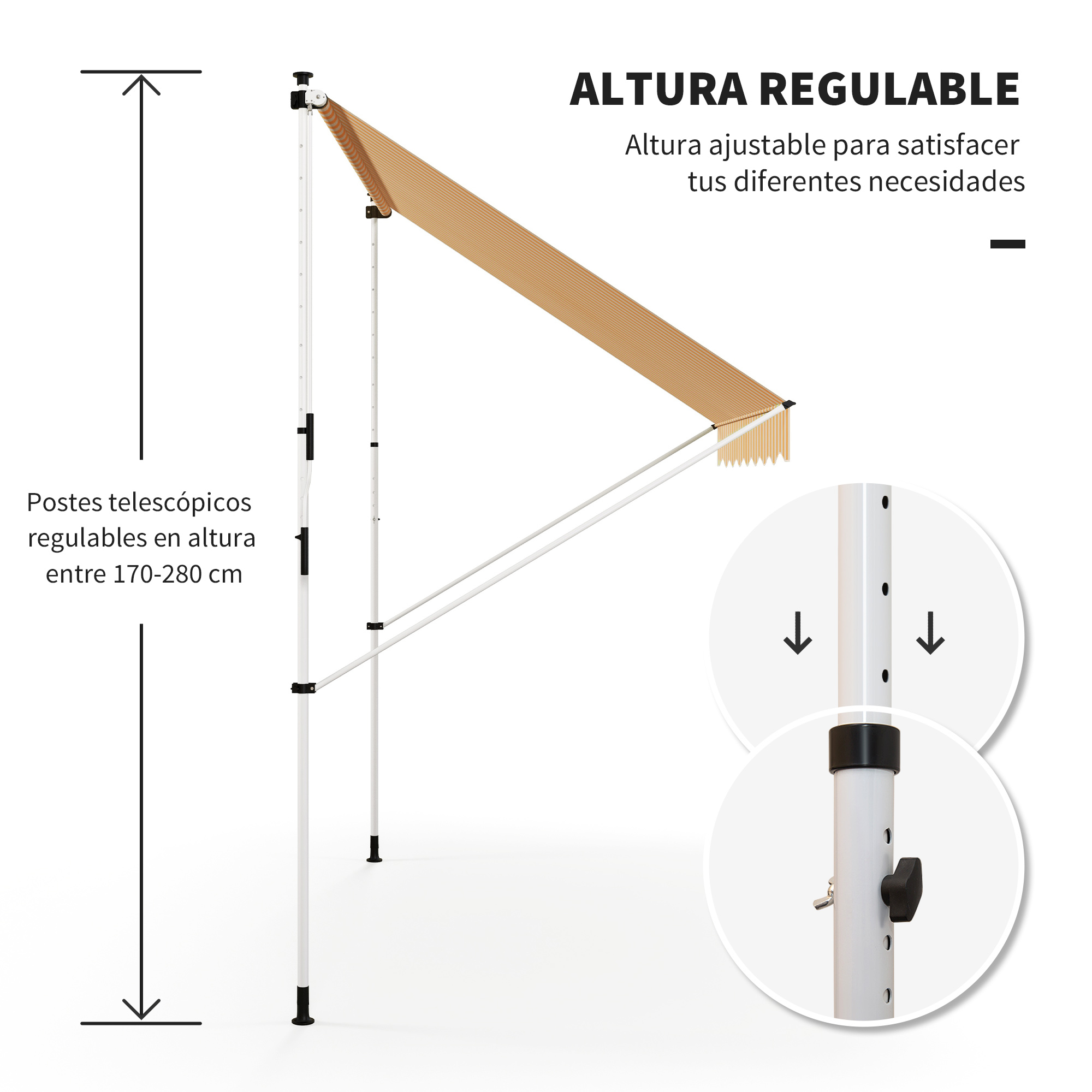 Un toldo ajustable con postes telescópicos que muestran ajuste de altura.