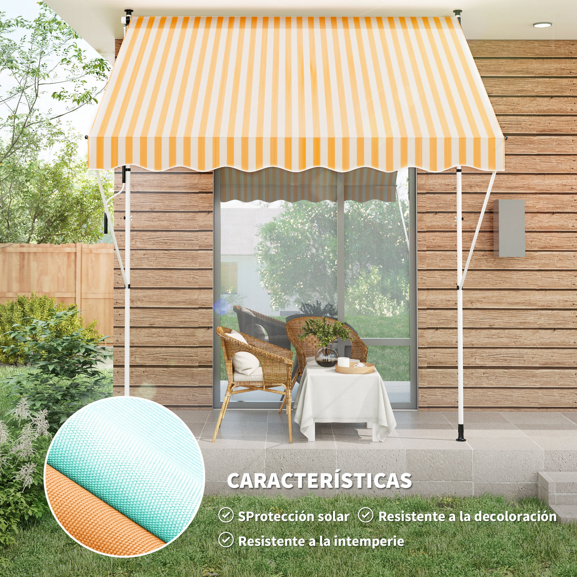 Un toldo a rayas sobre una mesa con sillas en un patio.