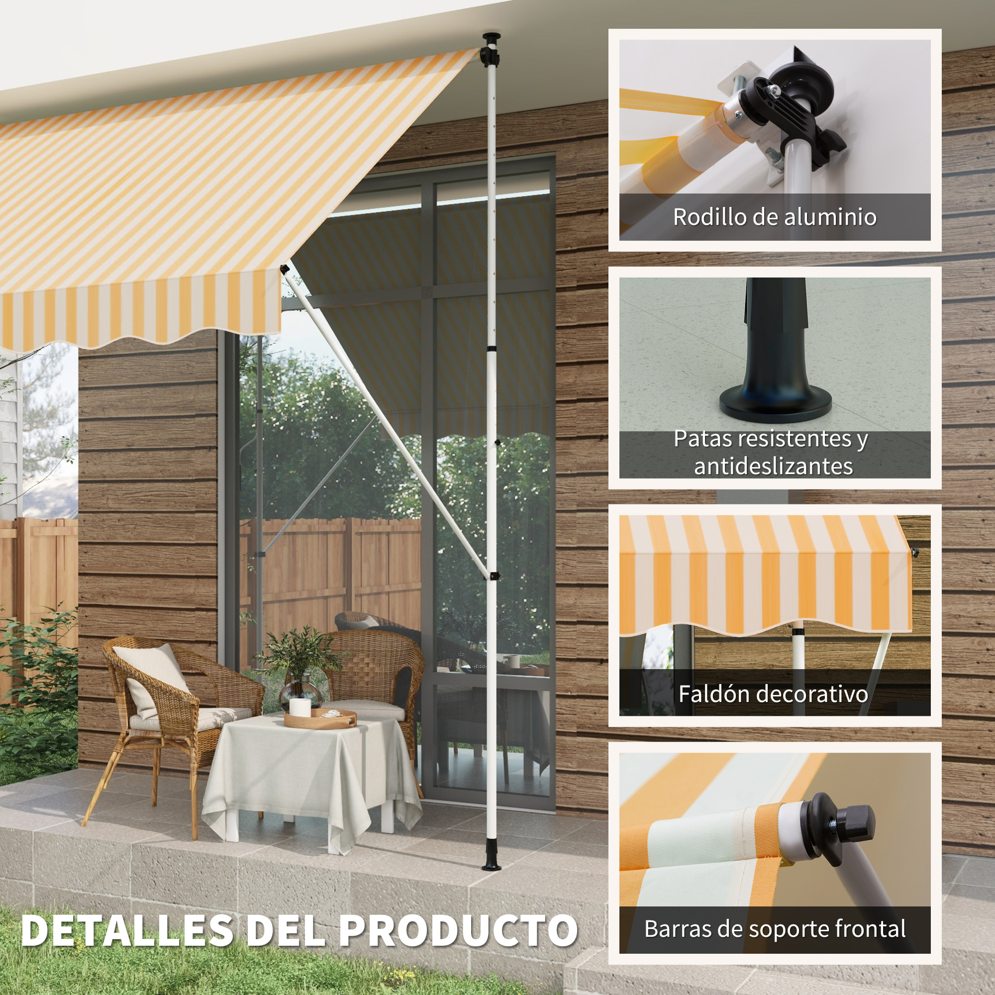 Toldo con rayas amarillas y blancas, rodillo de aluminio, pies estables.