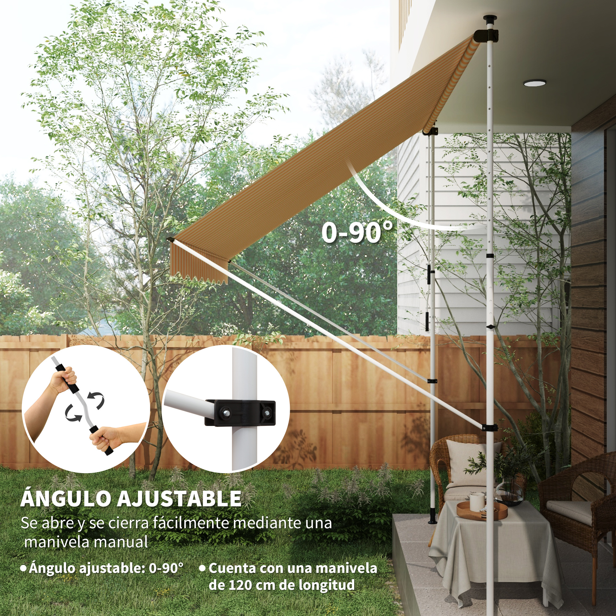 Un toldo ajustable con ángulo de 0-90° en un patio, con manivela.