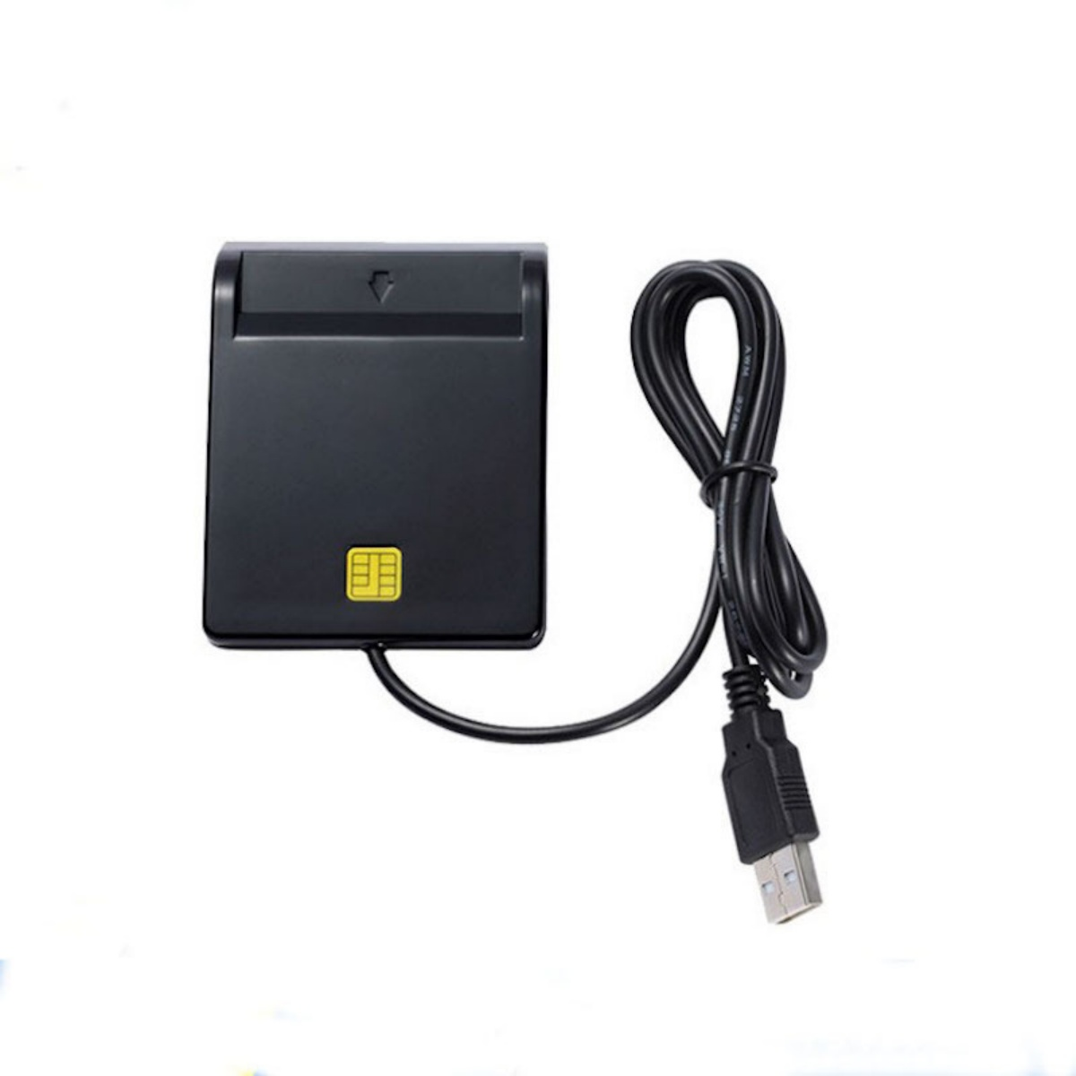 Ein schwarzer SIM-Kartenleser mit USB-Kabel, isoliert auf Weiß.