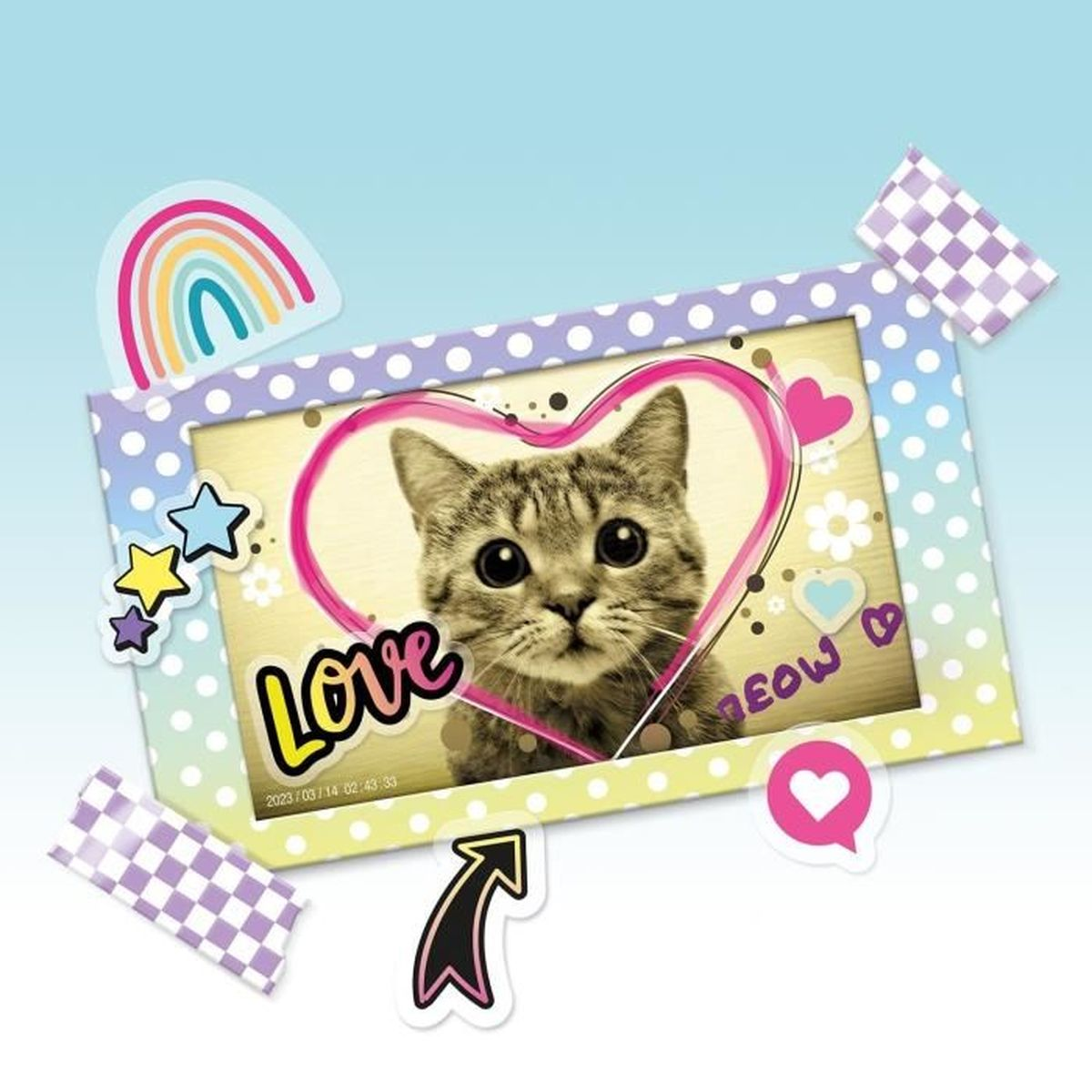 Ein süßer Kater blickt aus einem verzierten Bilderrahmen mit Herz-Motiv.