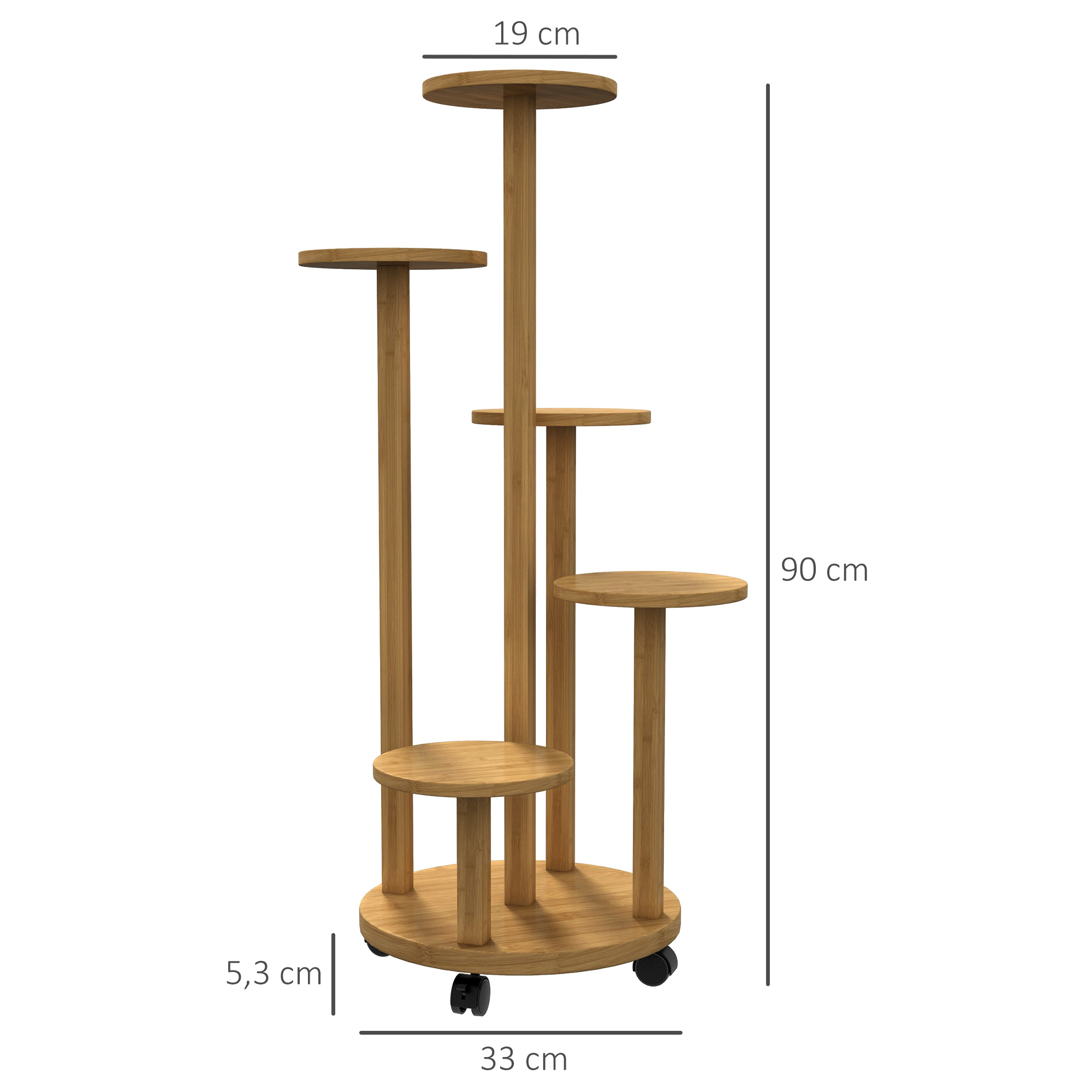 Un soporte de plantas redondo de madera con cuatro niveles y ruedas.