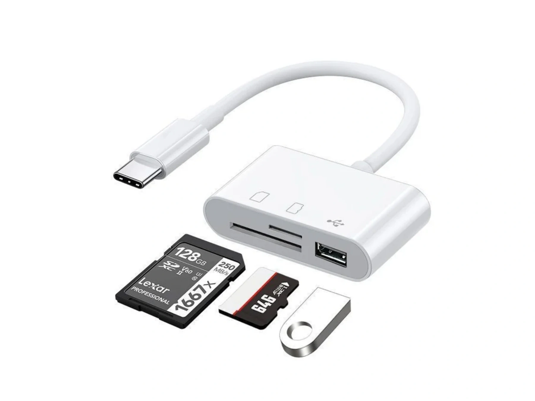 Ein weißer USB-C-Kartenleser mit SD- und microSD-Karten sowie einem USB-Stick.