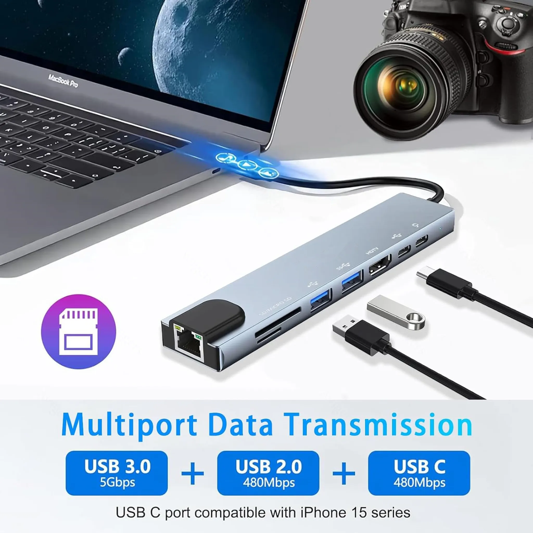 Ein Laptop, eine Kamera und ein USB-Hub mit verschiedenen Anschlüssen und Kabeln.