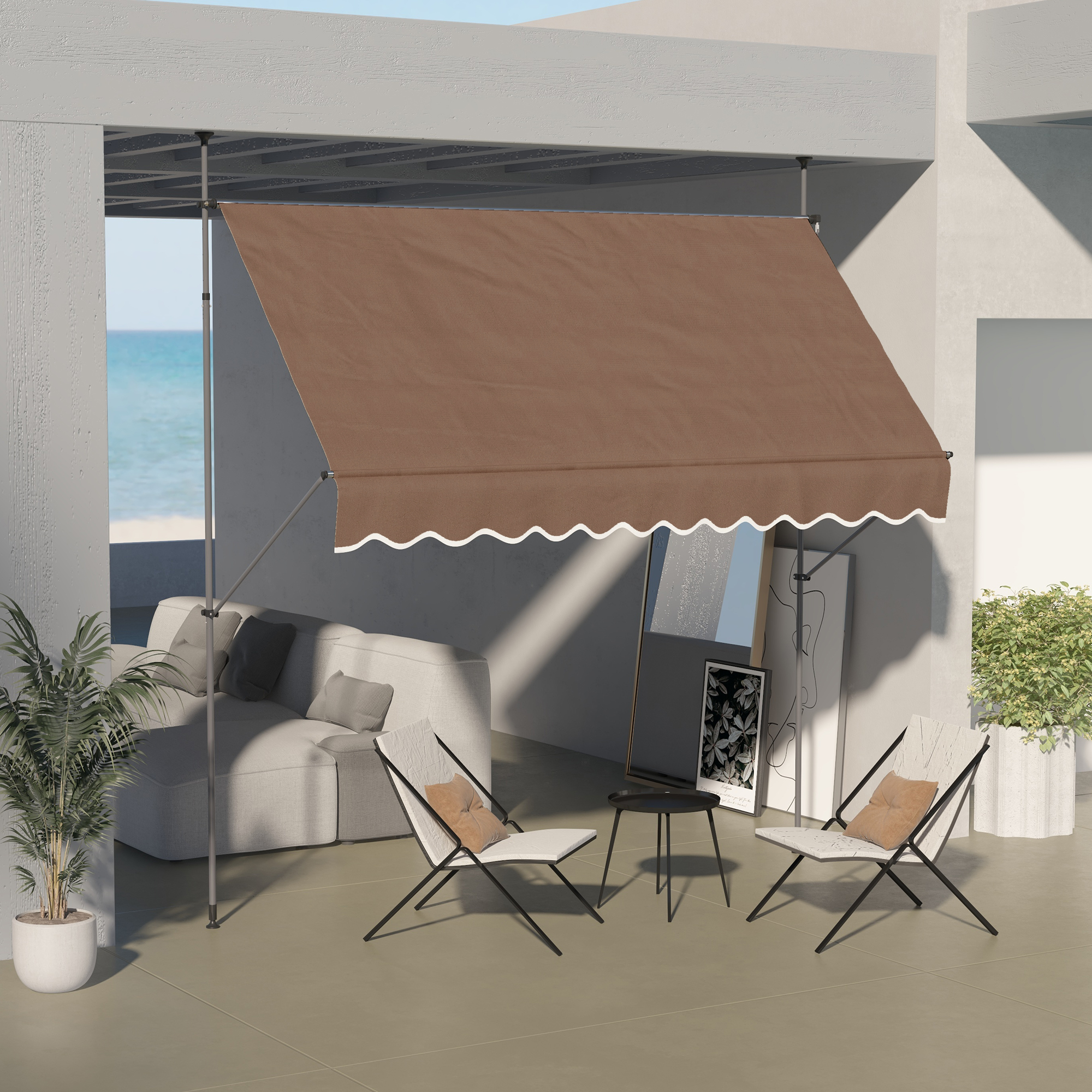 Toldo sobre un conjunto de muebles de patio con sofá, dos sillas y mesa.