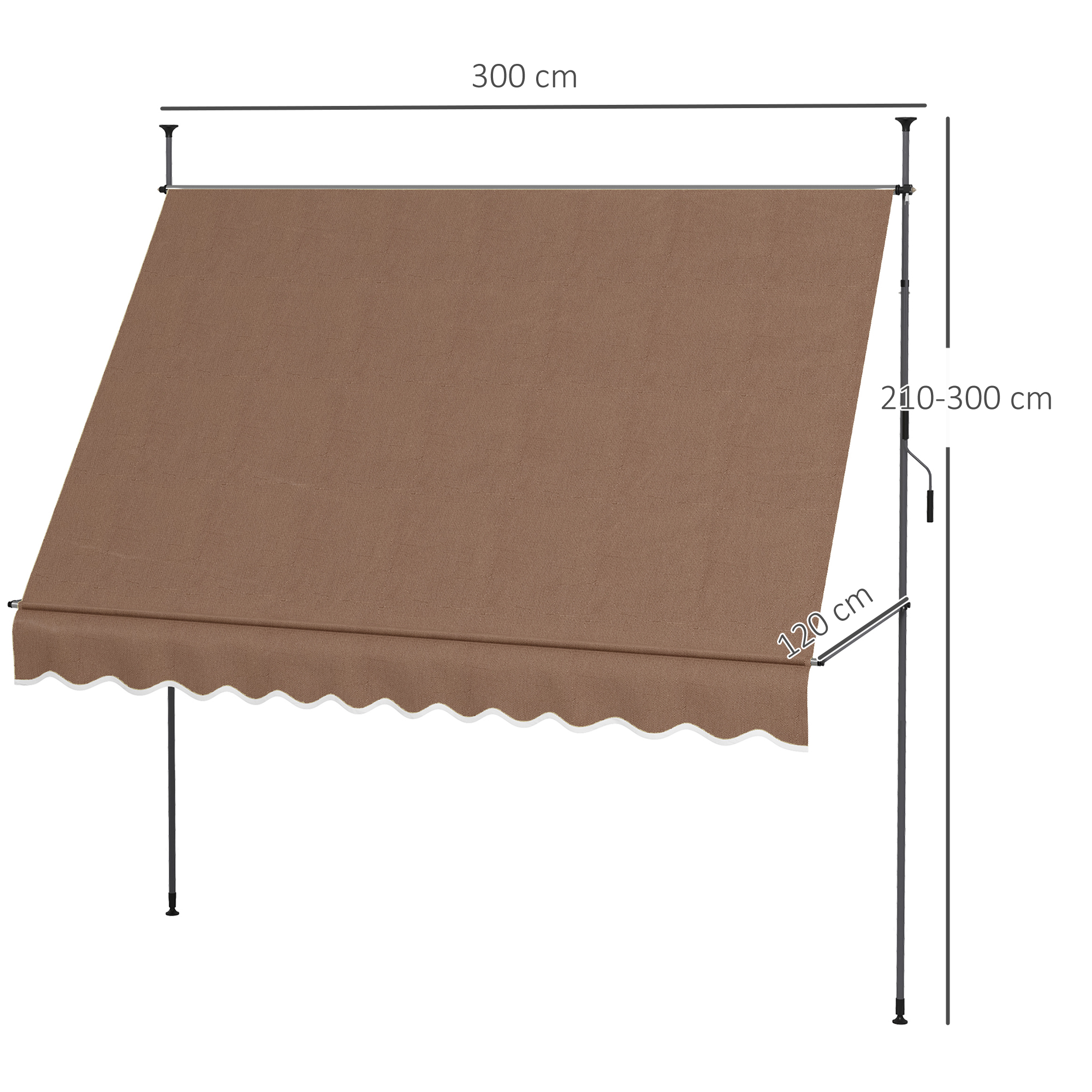 Toldo de tela marrón con borde festoneado, 300 cm de ancho, 120 cm de salida.