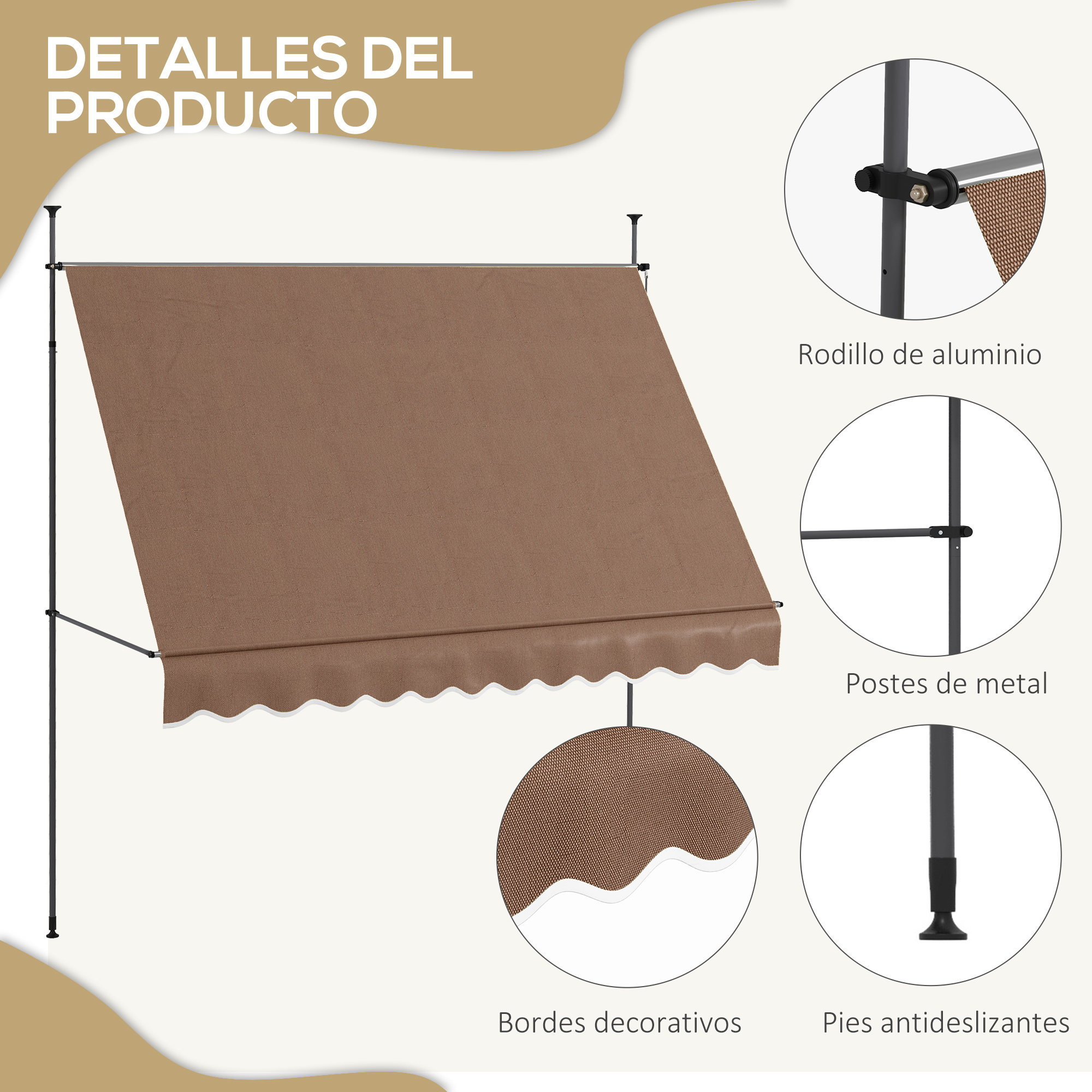 Un toldo marrón con postes de metal plateados y borde festoneado.