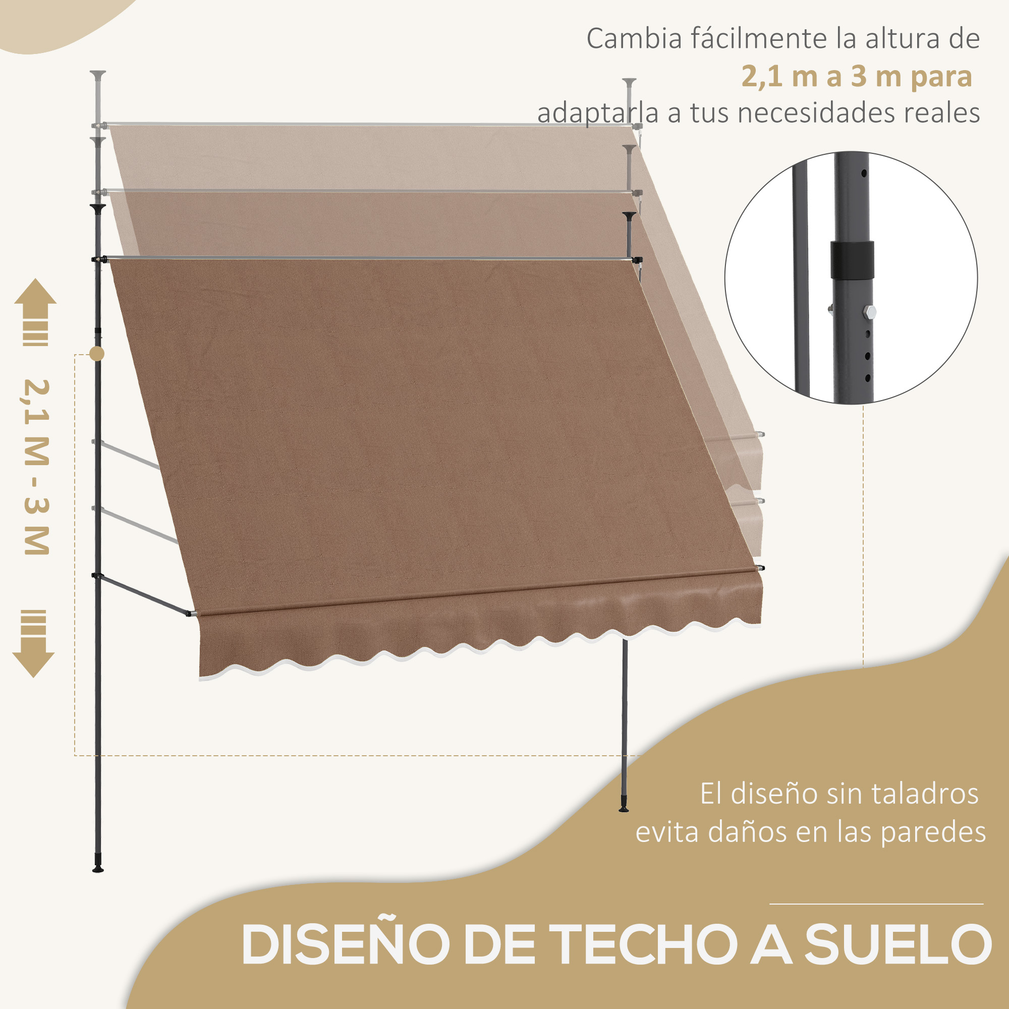 Se muestra un toldo marrón de altura ajustable.