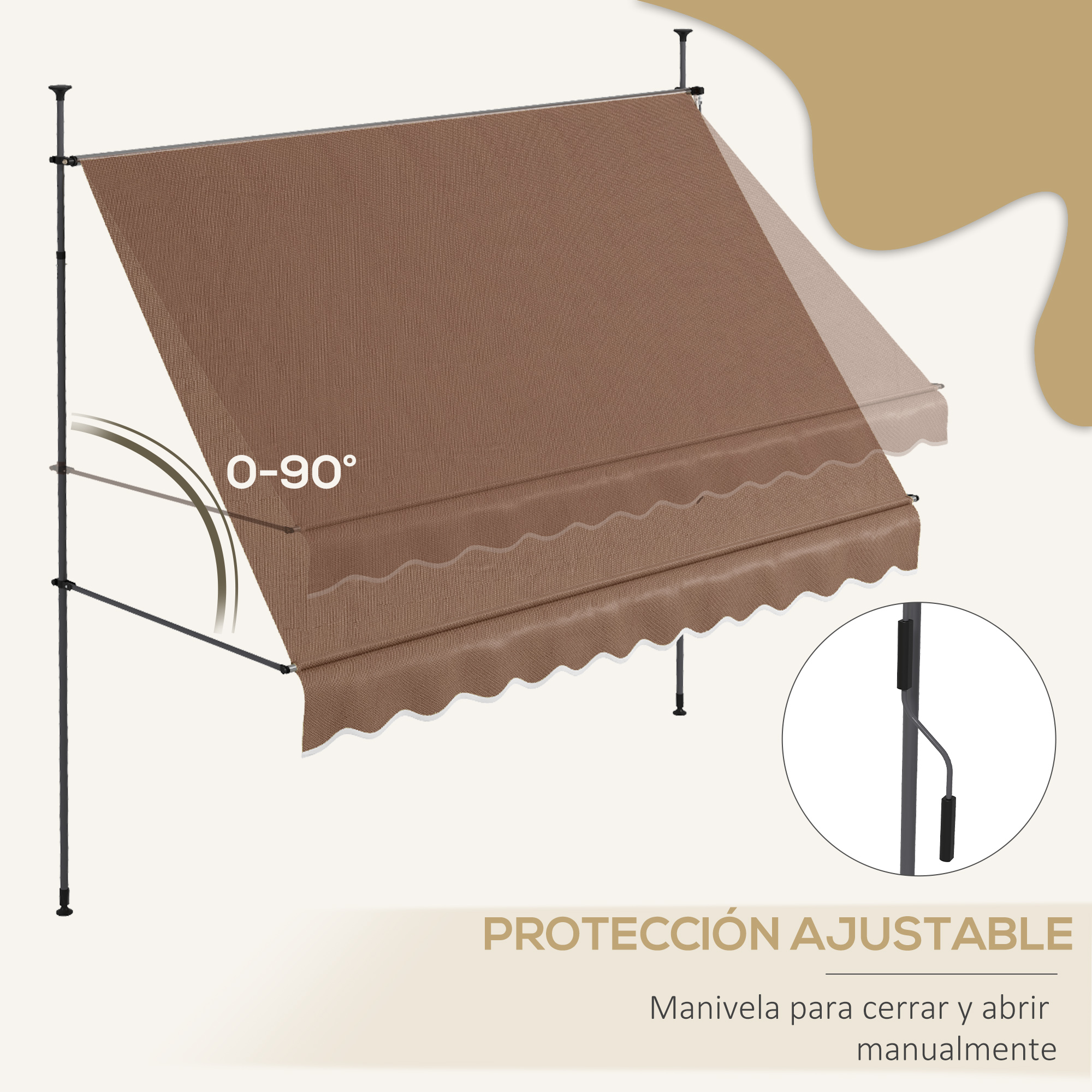 Un tejido de toldo marrón con un ángulo ajustable de 0 a 90 grados.