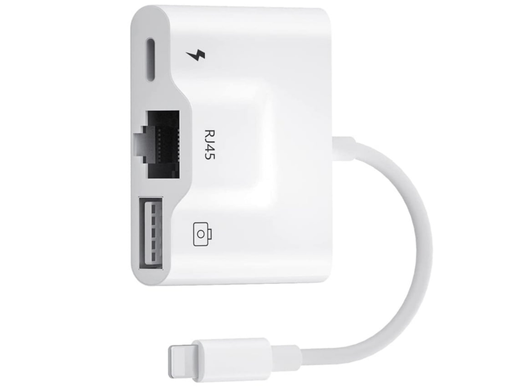 Ein weißer Adapter mit USB-, RJ45- und Ladeanschluss.