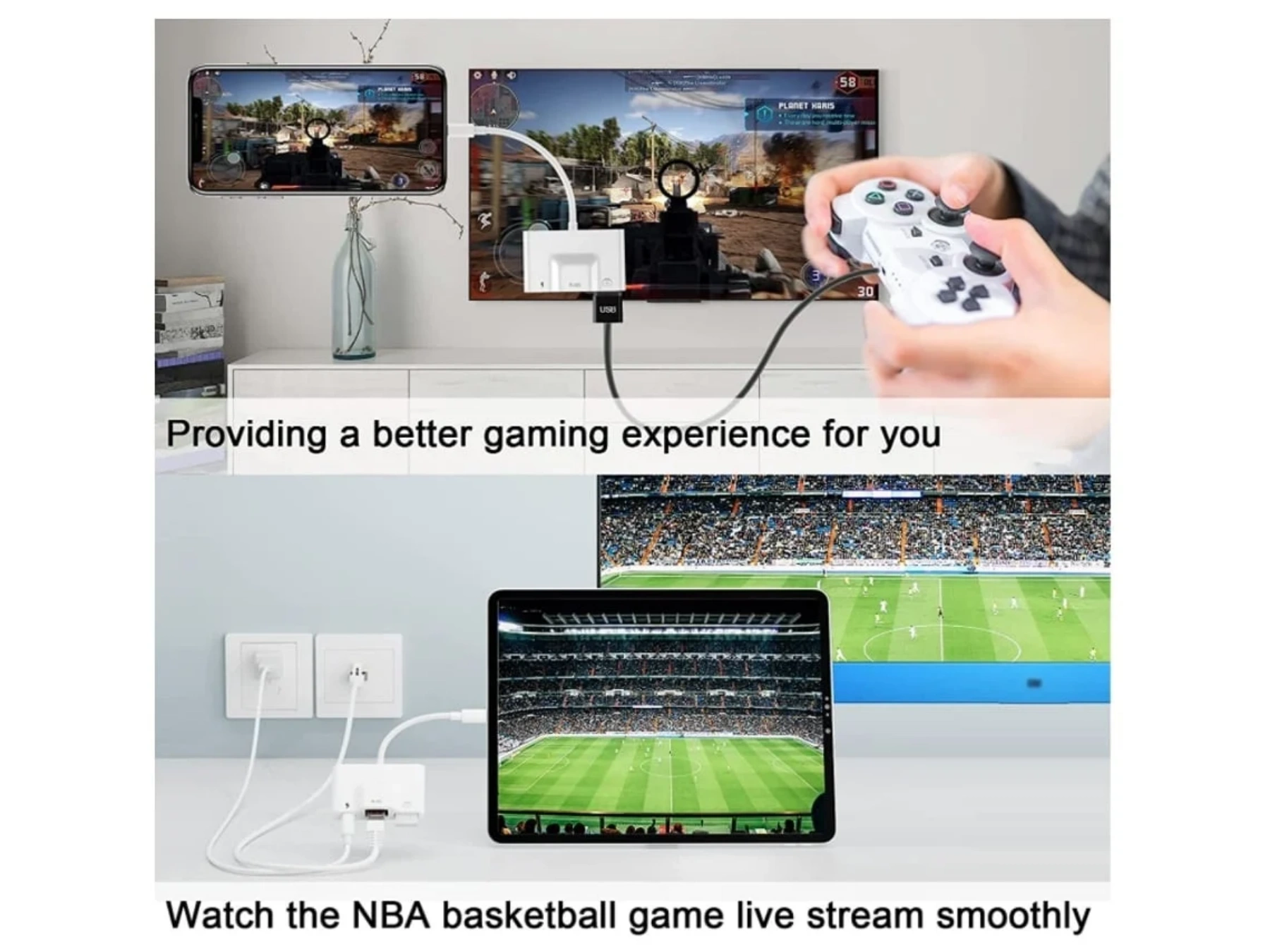 Gaming auf TV und Tablet, Fußballspiel auf dem Fernseher.