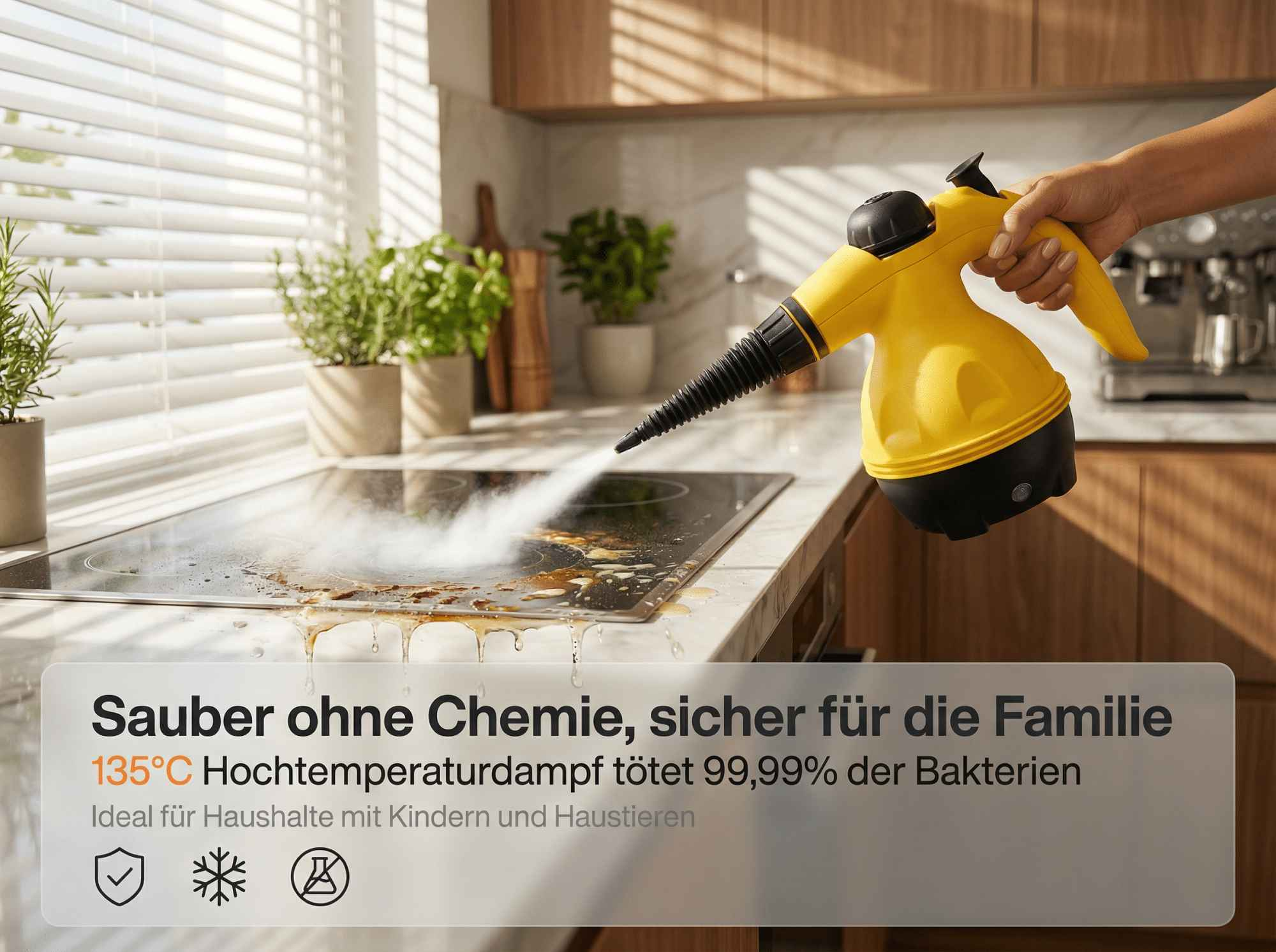 Ein gelber Dampfreiniger reinigt eine schmutzige Kochplatte in einer Küche.
