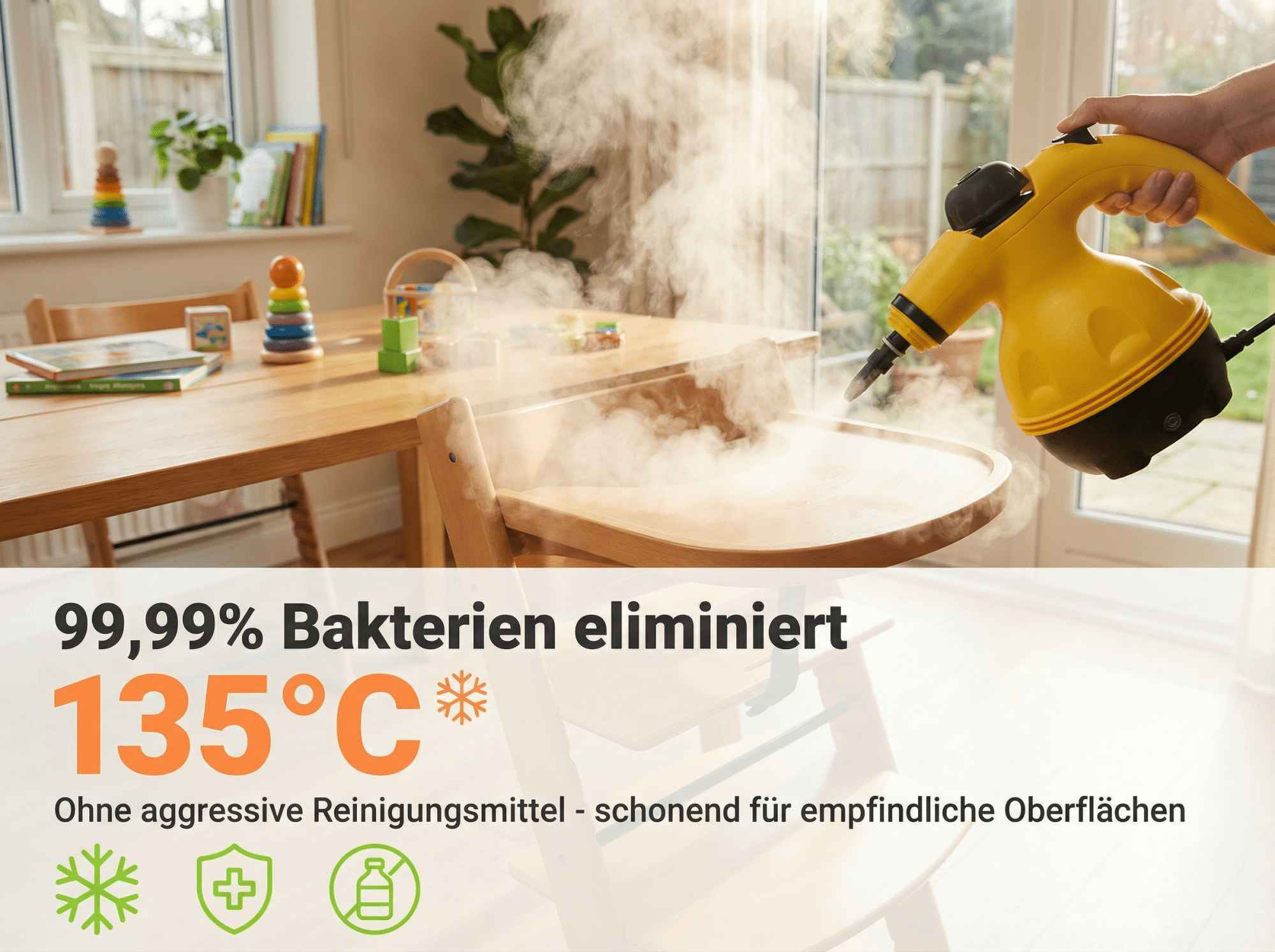 Ein gelber Dampfreiniger reinigt einen Holztisch und Stuhl. 99,99% Bakterien eliminiert.