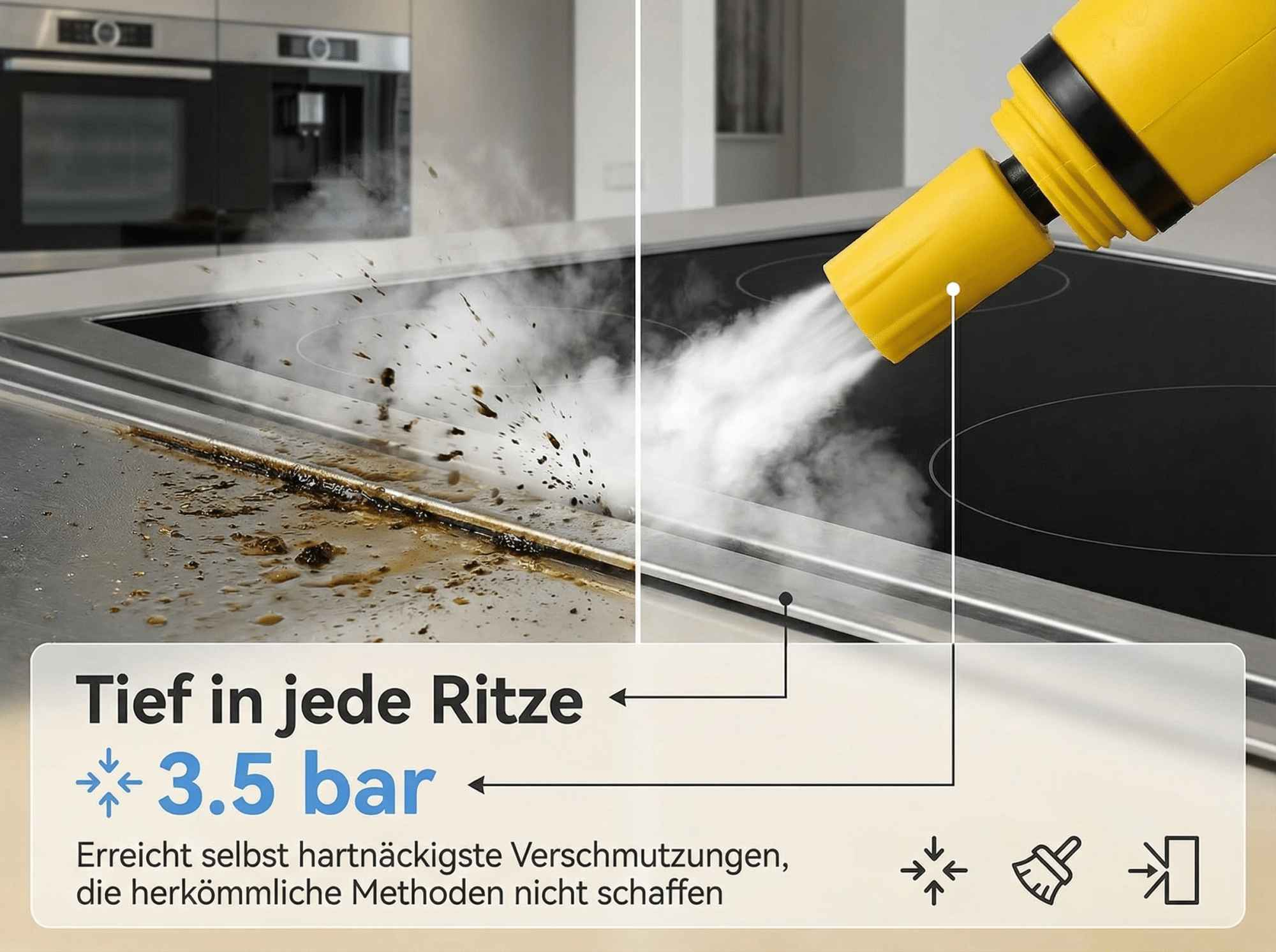 Ein Dampfreiniger reinigt eine schmutzige Kochfläche. Links schmutzig, rechts sauber.