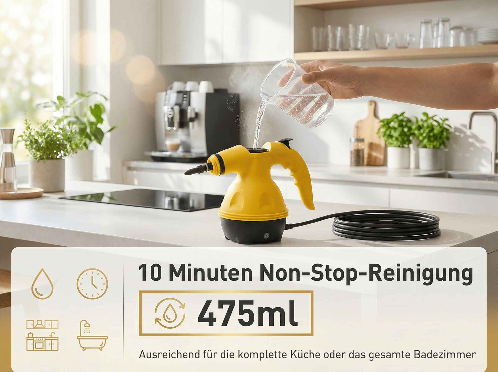 Eine gelbe Dampfreinigungsmaschine wird in einer Küche mit Wasser befüllt.