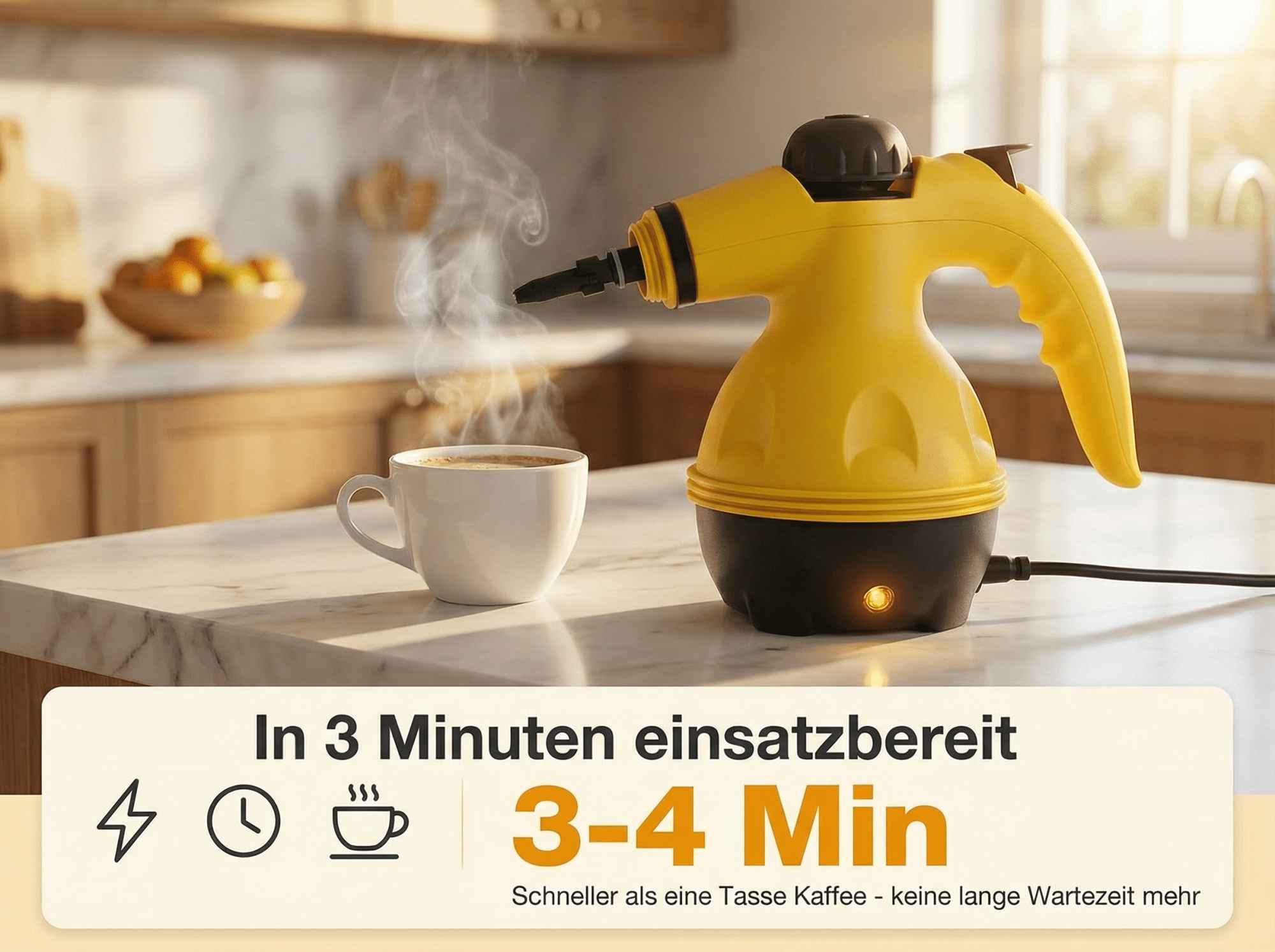 Ein gelber Dampfreiniger steht neben einer dampfenden Kaffeetasse auf einer Marmorplatte.