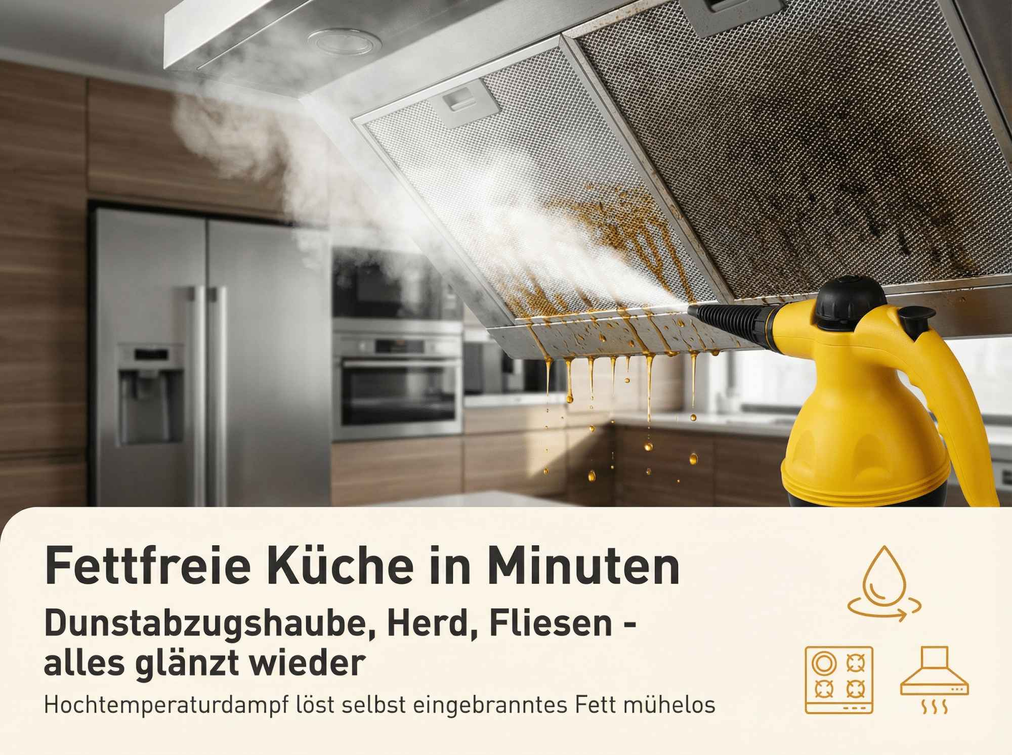 Ein Dampfreiniger reinigt eine fettverschmutzte Dunstabzugshaube in einer Küche.