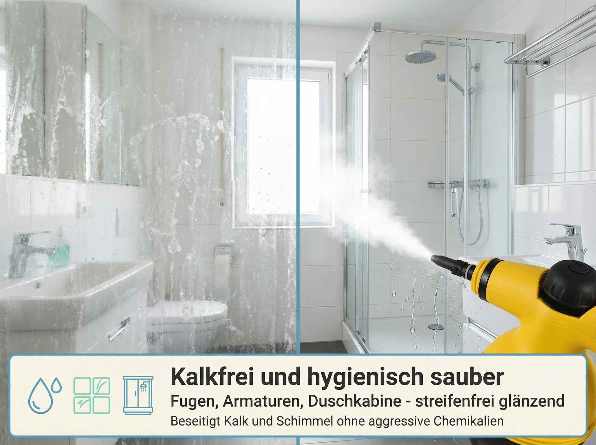 Vorher/Nachher-Vergleich: Ein Dampfreiniger reinigt eine verkalkte Duschkabine.