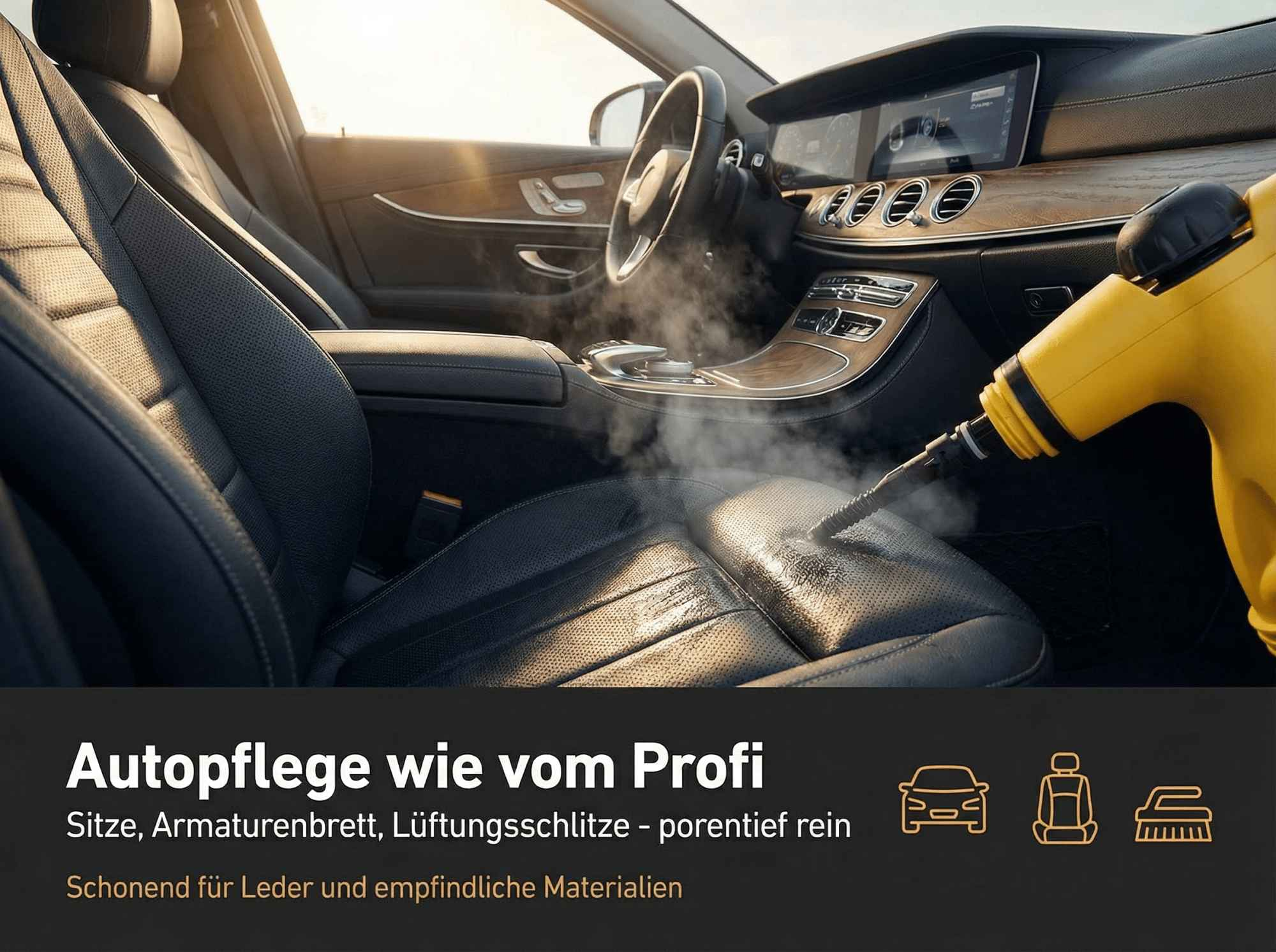 Dampfreiniger reinigt Ledersitze im Auto, Innenraum wird gezeigt.