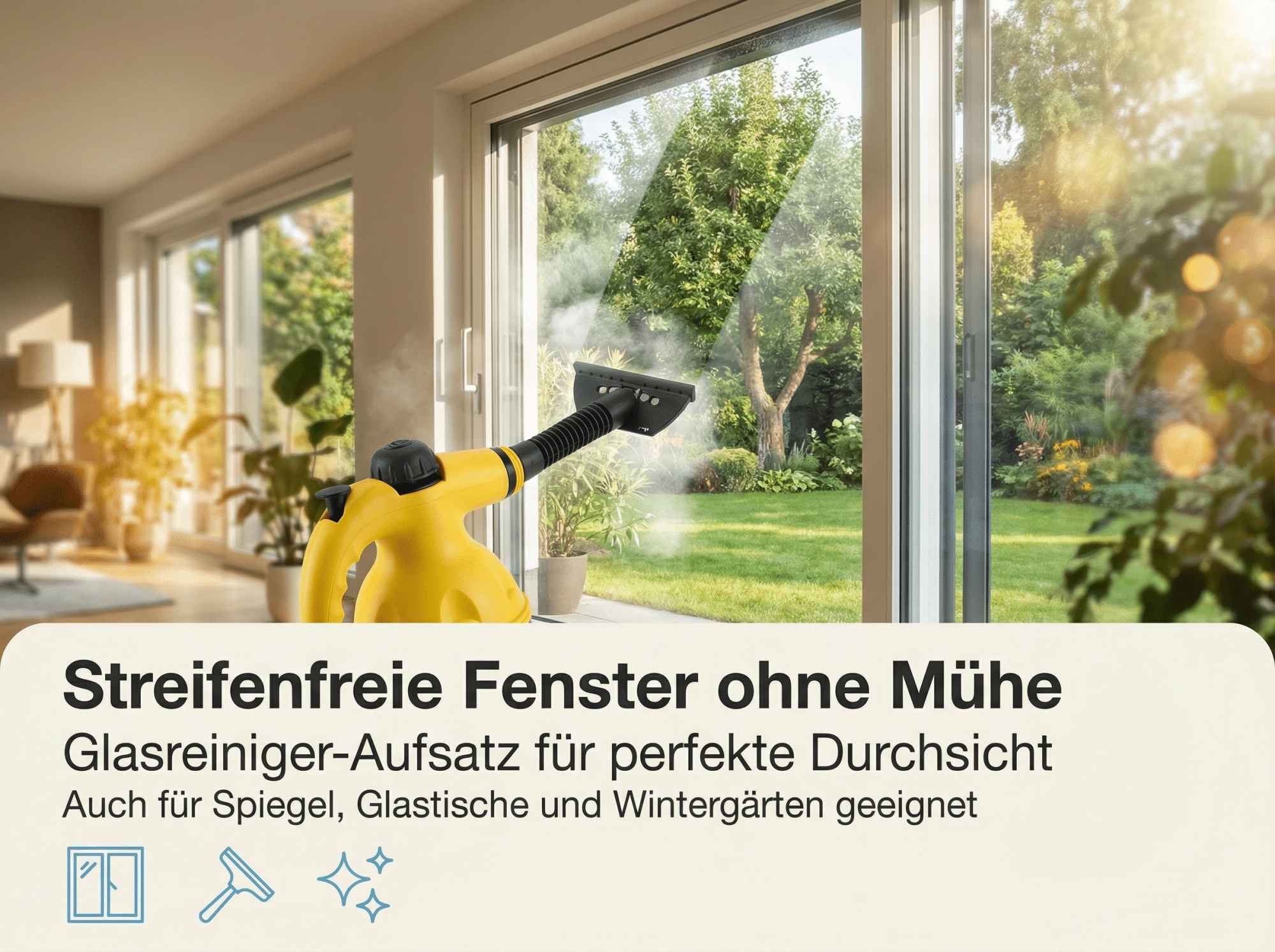 Ein gelber Dampfreiniger reinigt ein Fenster mit Dampf. Draußen ist ein Garten.