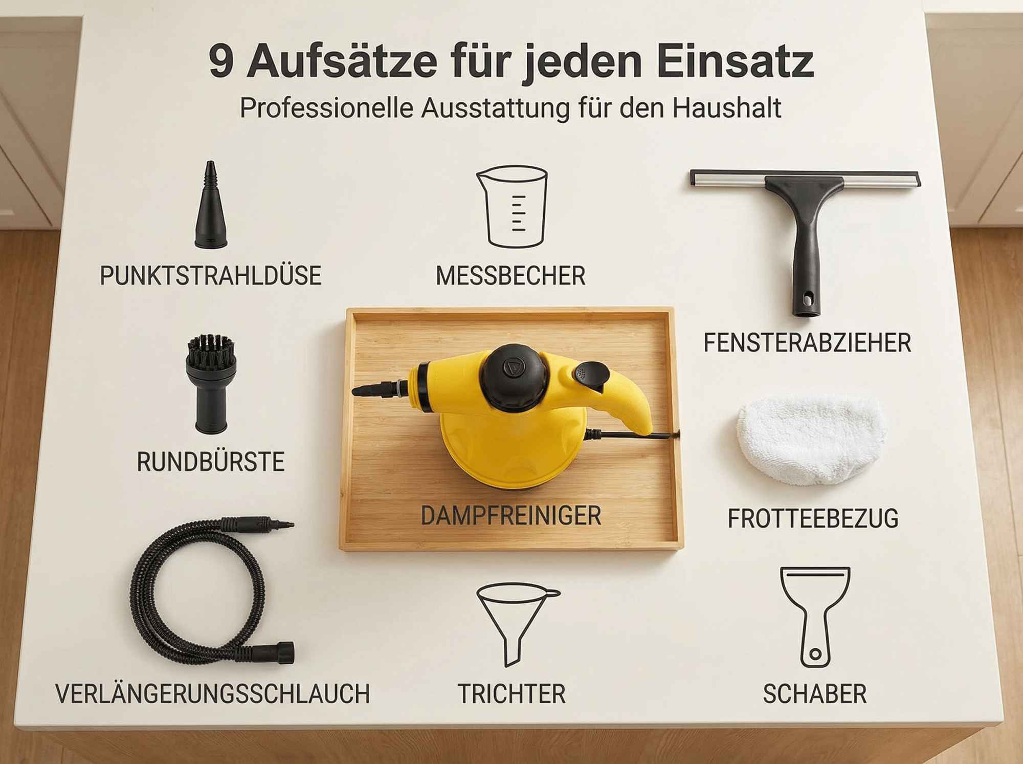 Dampfreiniger mit Zubehör: Düse, Bürste, Schlauch, Messbecher, Fensterabzieher, Schaber, Trichter, Frotteebezug.