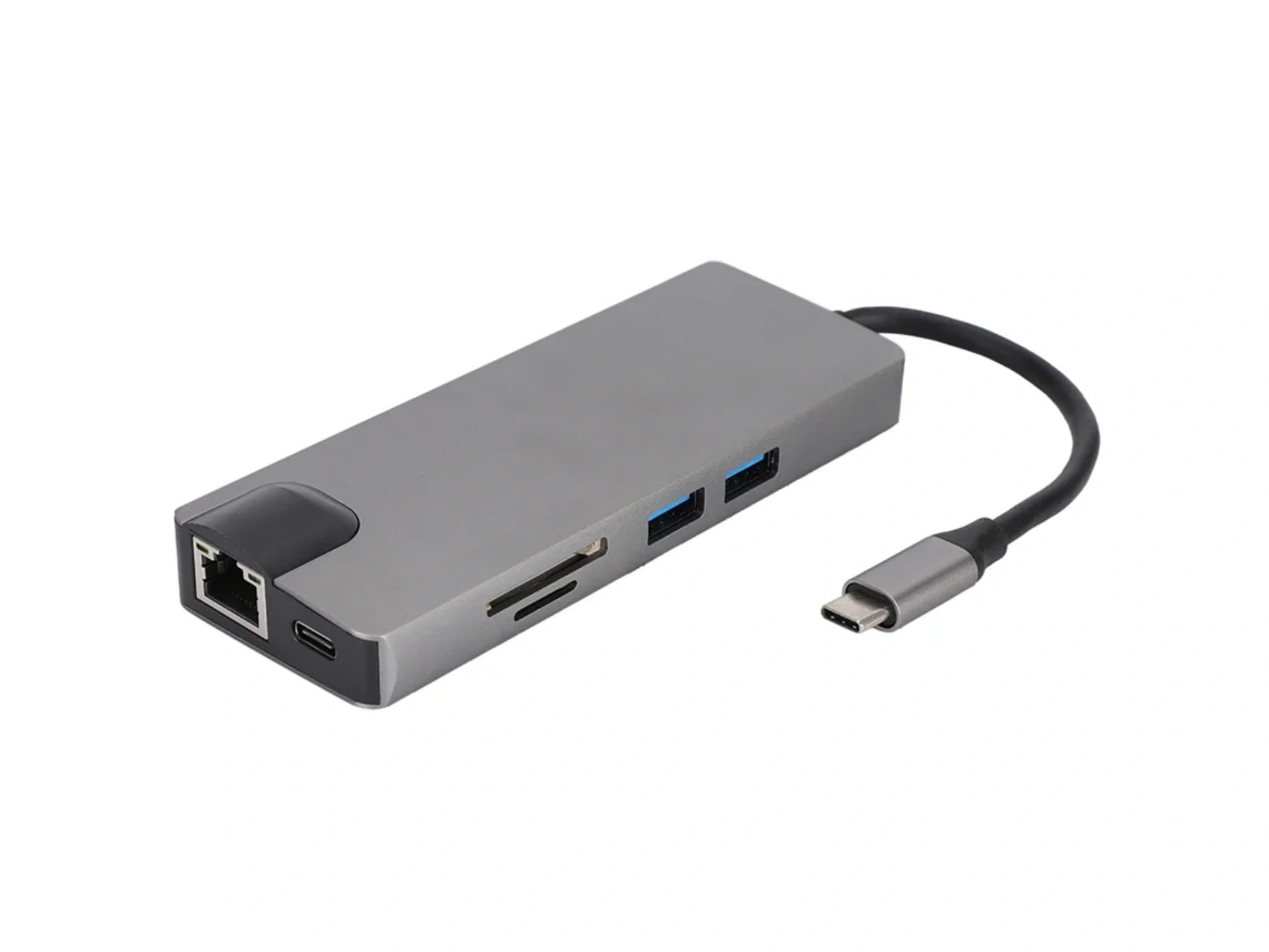 Grauer USB-C-Hub mit Ethernet, SD-Kartenslots, USB-A-Anschlüssen und USB-C-Kabel.