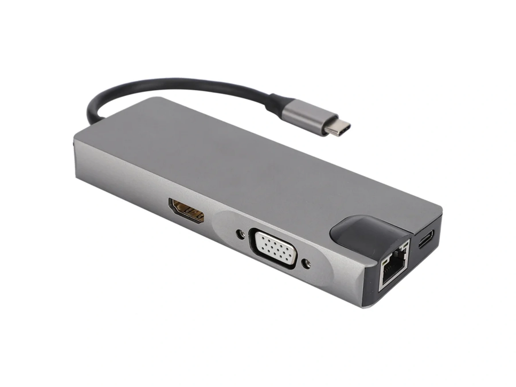 Grauer USB-C-Hub mit HDMI, VGA, Ethernet und USB-C-Anschluss.