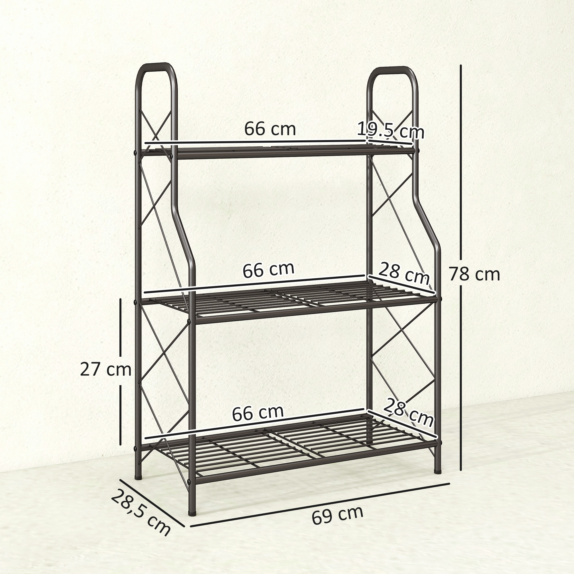 Estantería metálica gris oscuro, 3 niveles, 78 cm de alto y 69 cm de ancho.