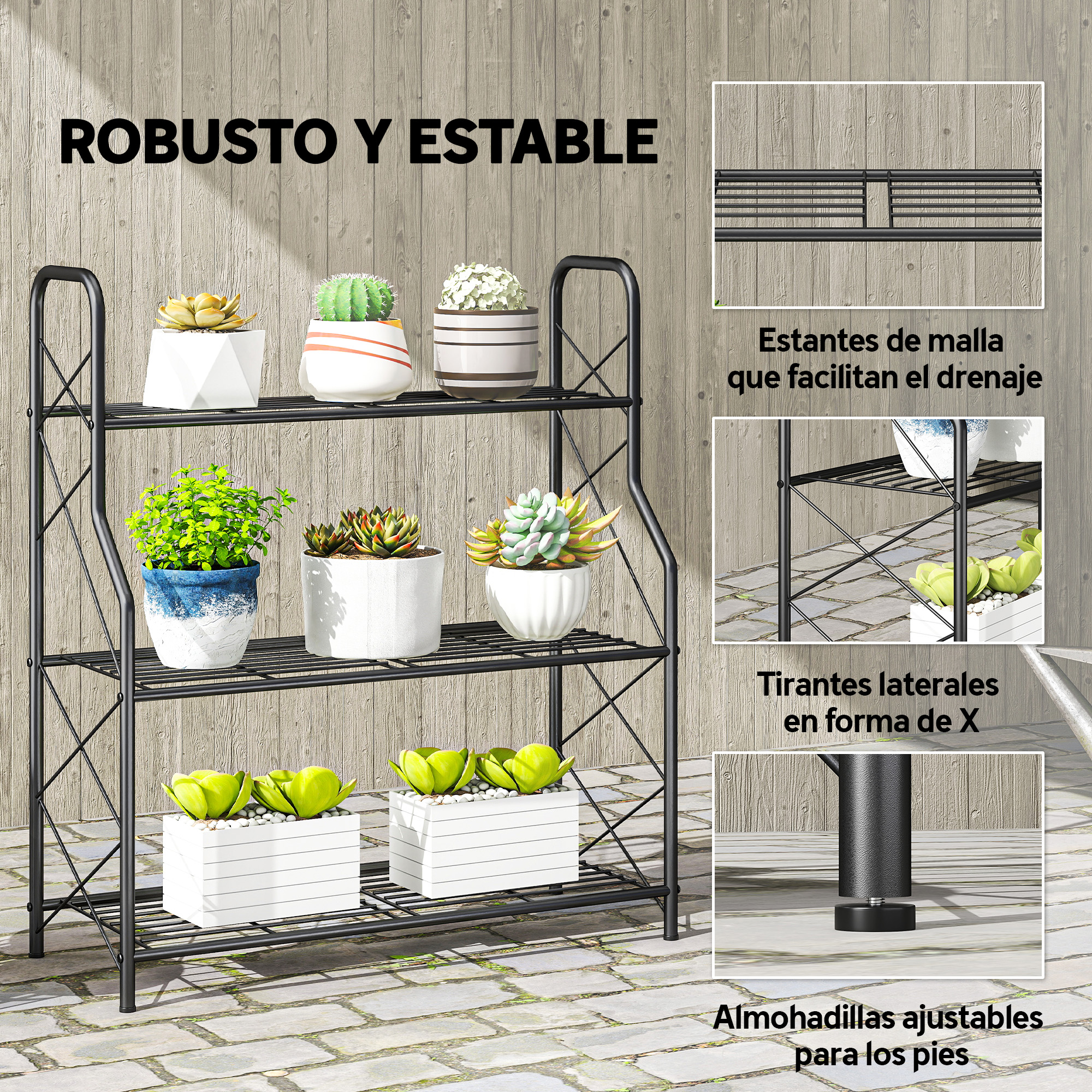 Un estante negro de varios niveles para plantas decorado con suculentas.