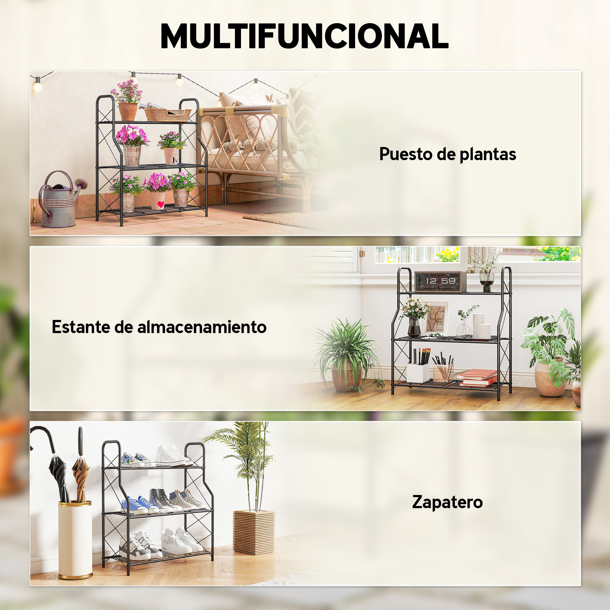 Un estante negro con plantas, libros y zapatos, mostrando versatilidad.
