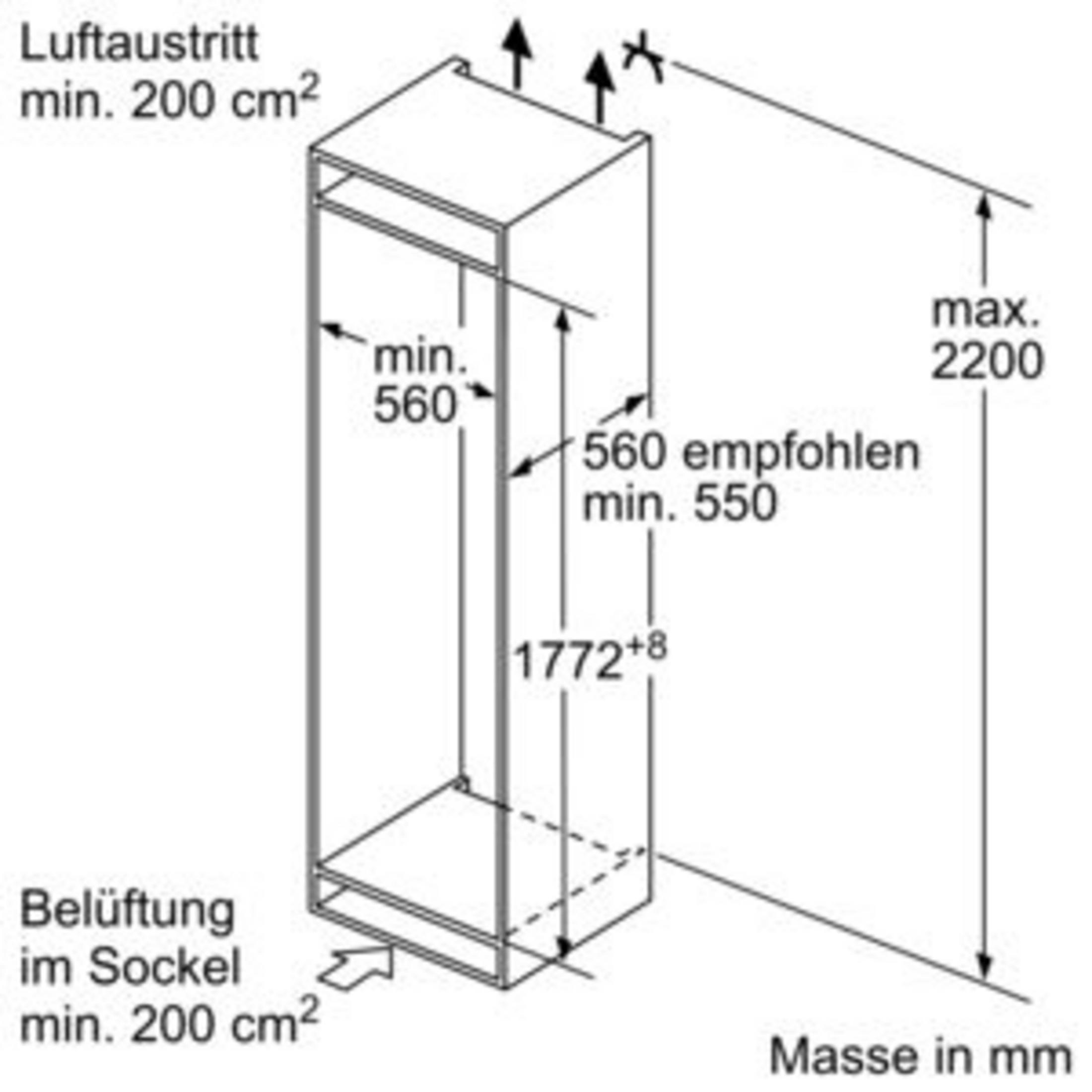 Dessin technique avec dimensions pour appareils encastrables. Zones de ventilation marquées.