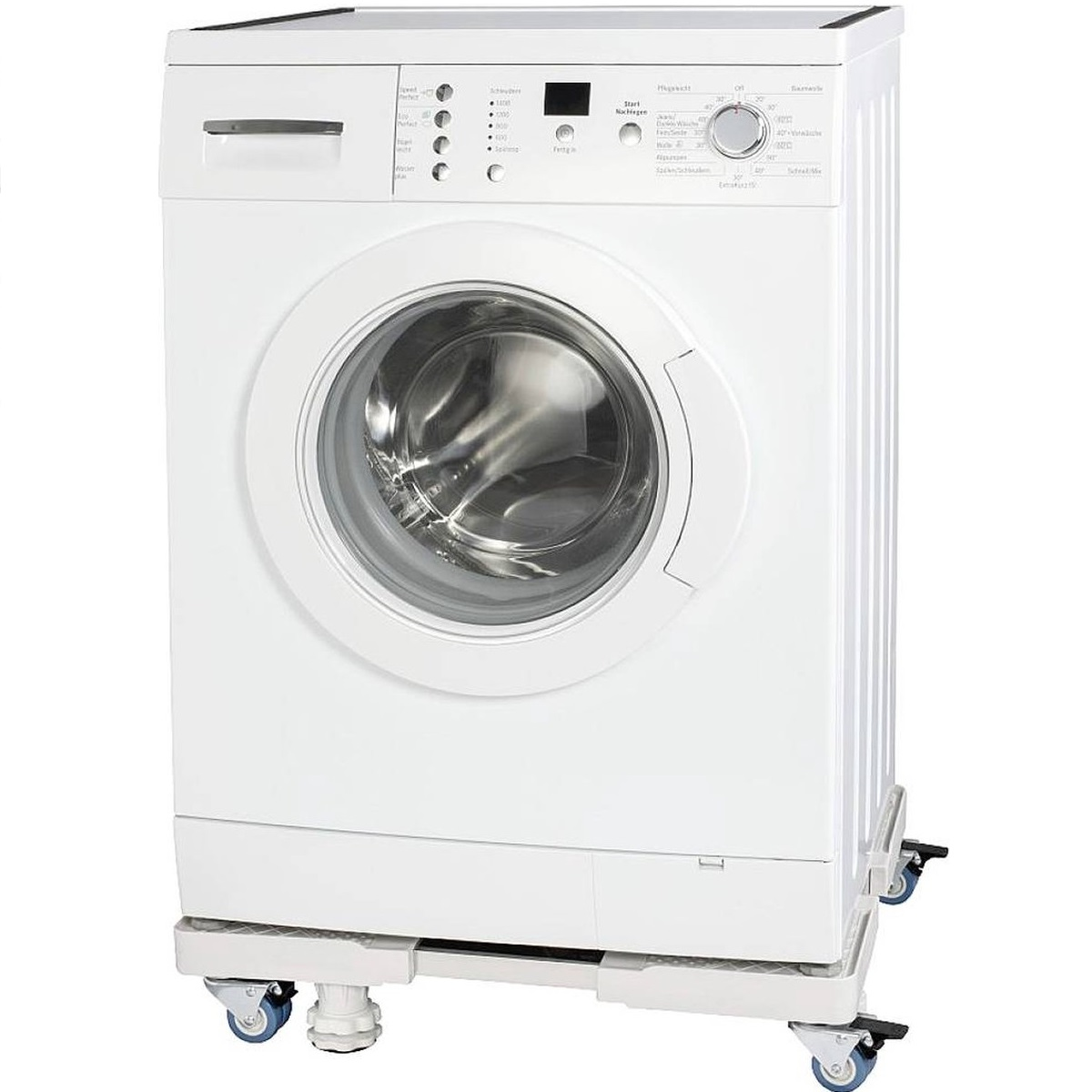 A white washing machine sits on an adjustable wheeled base.