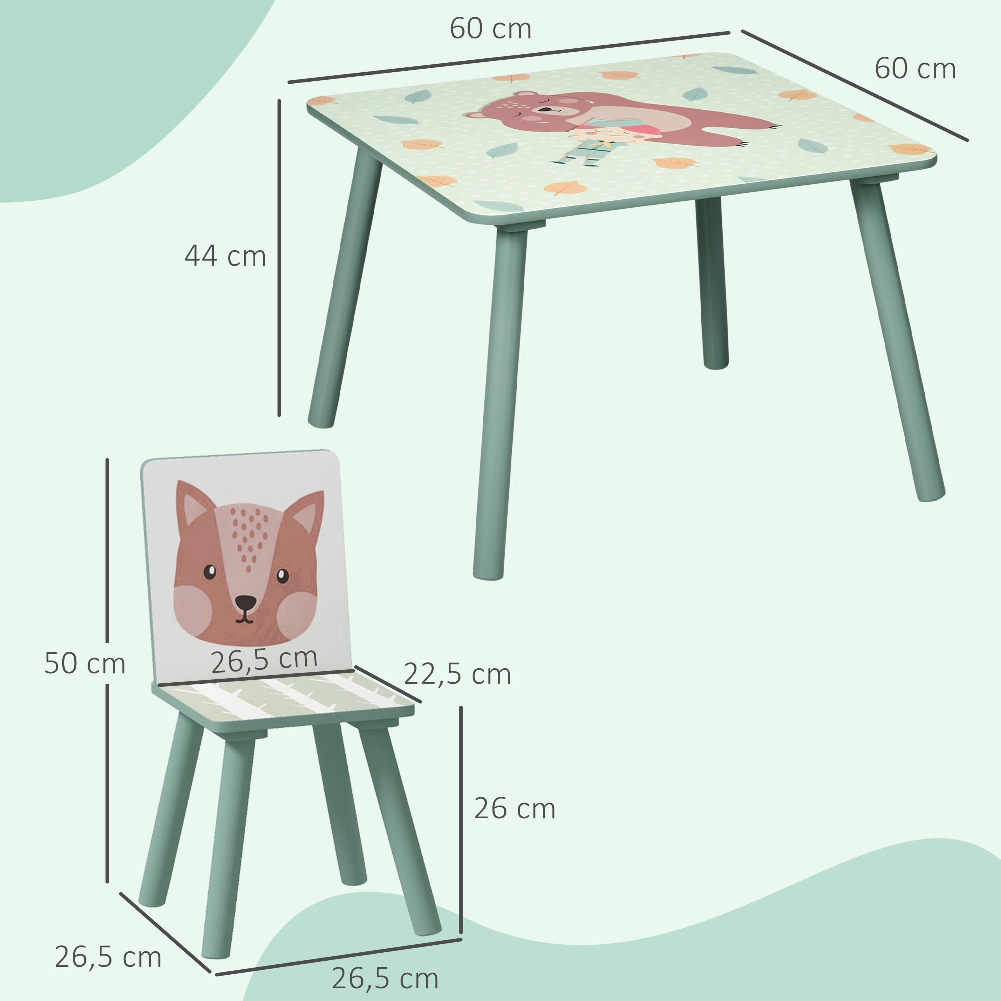 Mesa y silla infantiles con motivos de animales. Se indican las dimensiones.