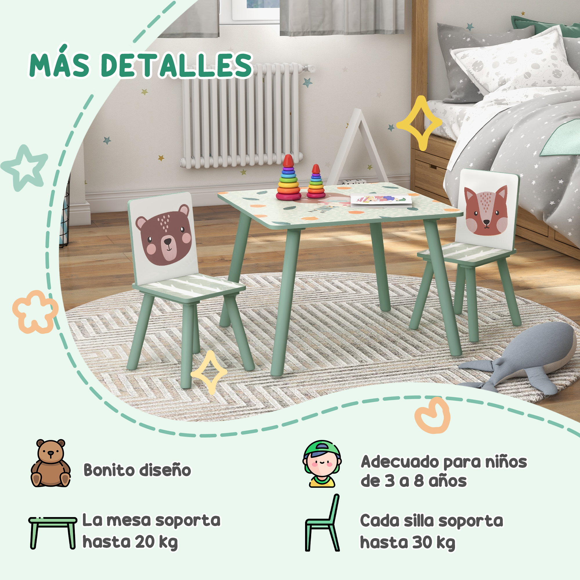 Juego de mesa infantil con sillas de oso y zorro, juguetes y cojín de ballena.