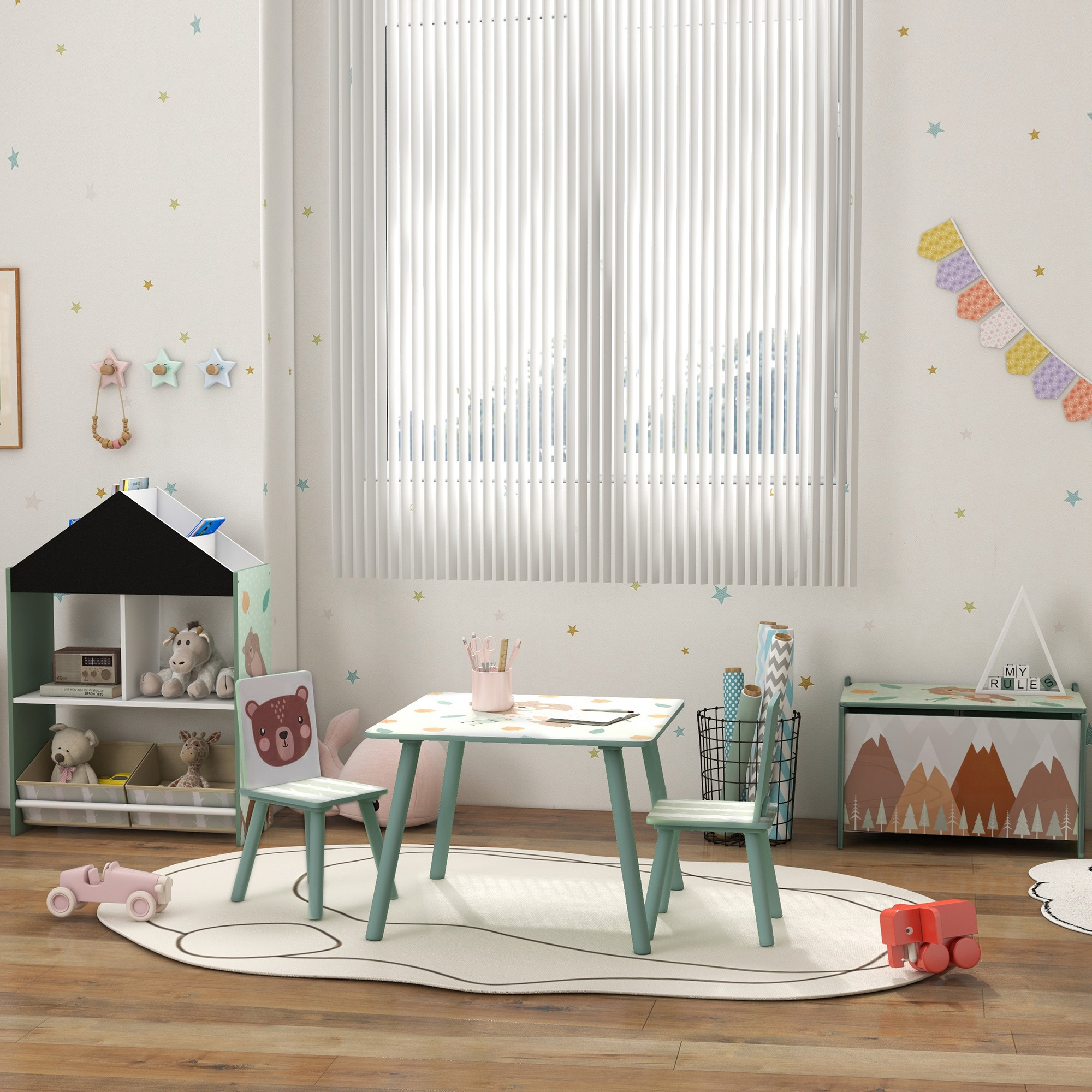 Habitación infantil con juguetes, mesa y sillas, decorada con estrellas.